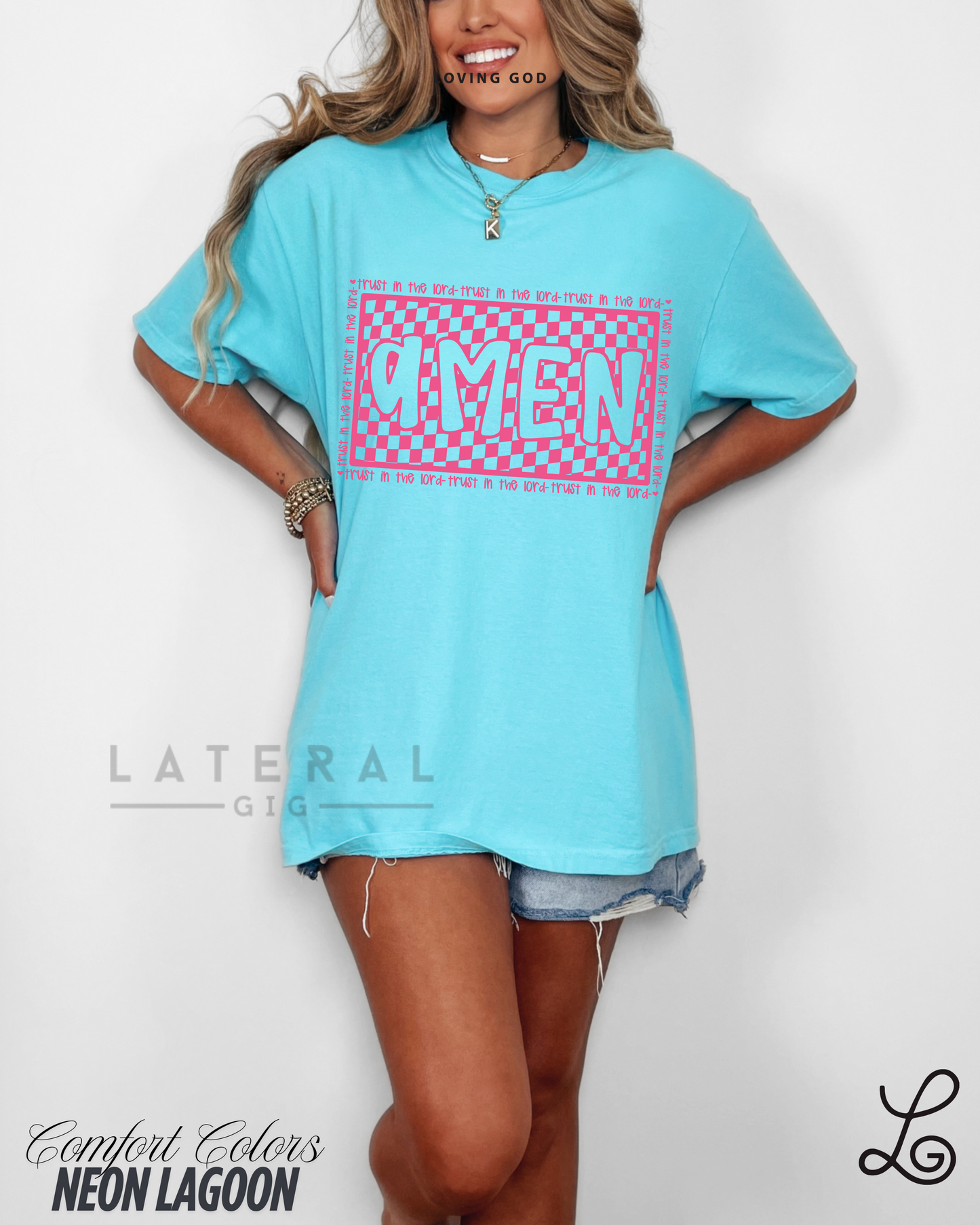 Loving God Amen Checkered Print Neon Colors Gildan Tshirt Oversized Crewneck Sweatshirt Tank Top Neon Womenswear Tee Trendy Summer Fashion