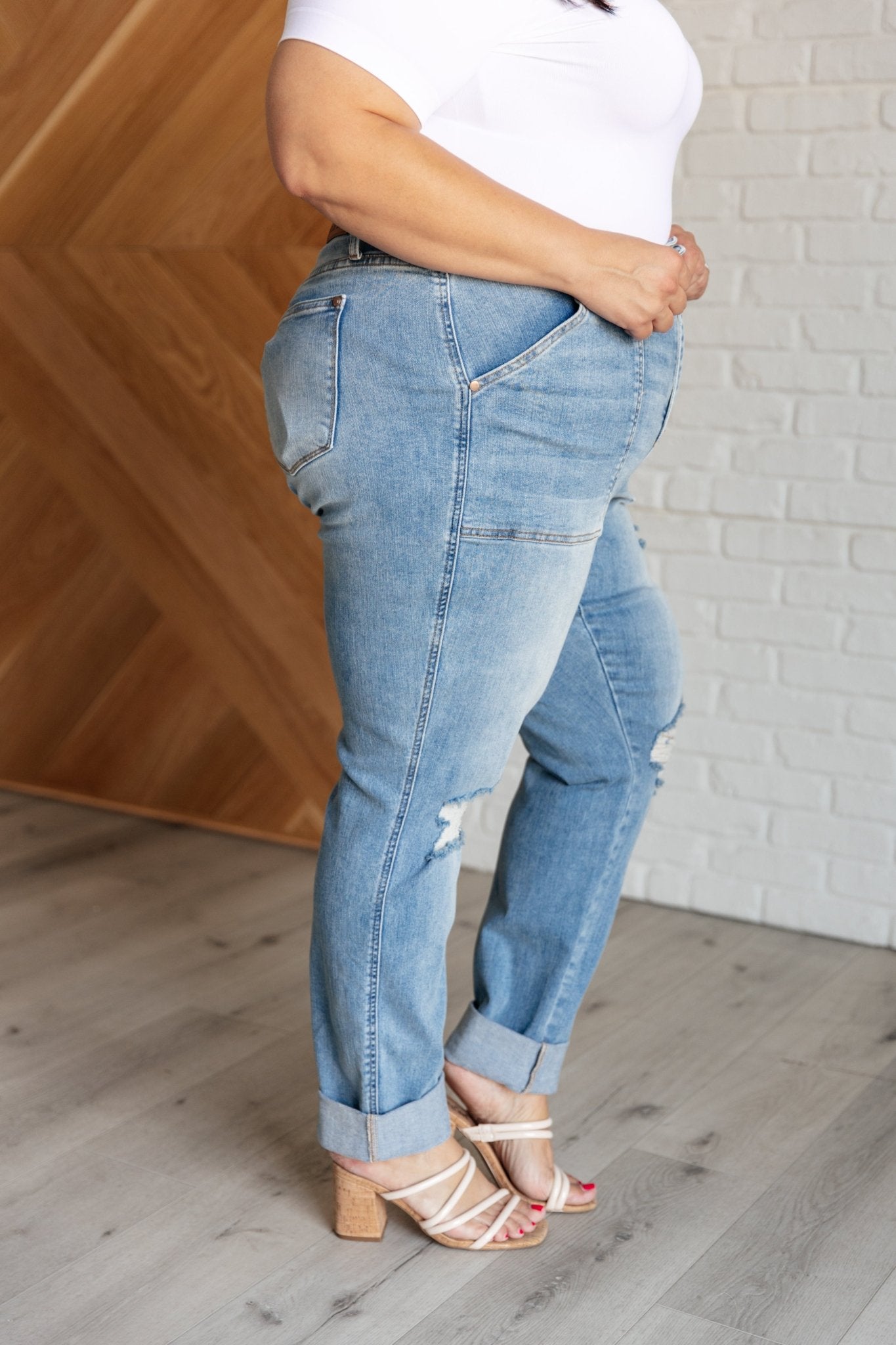 Aiden High Rise Patch Pocket Distressed Boyfriend Jeans - Loving God