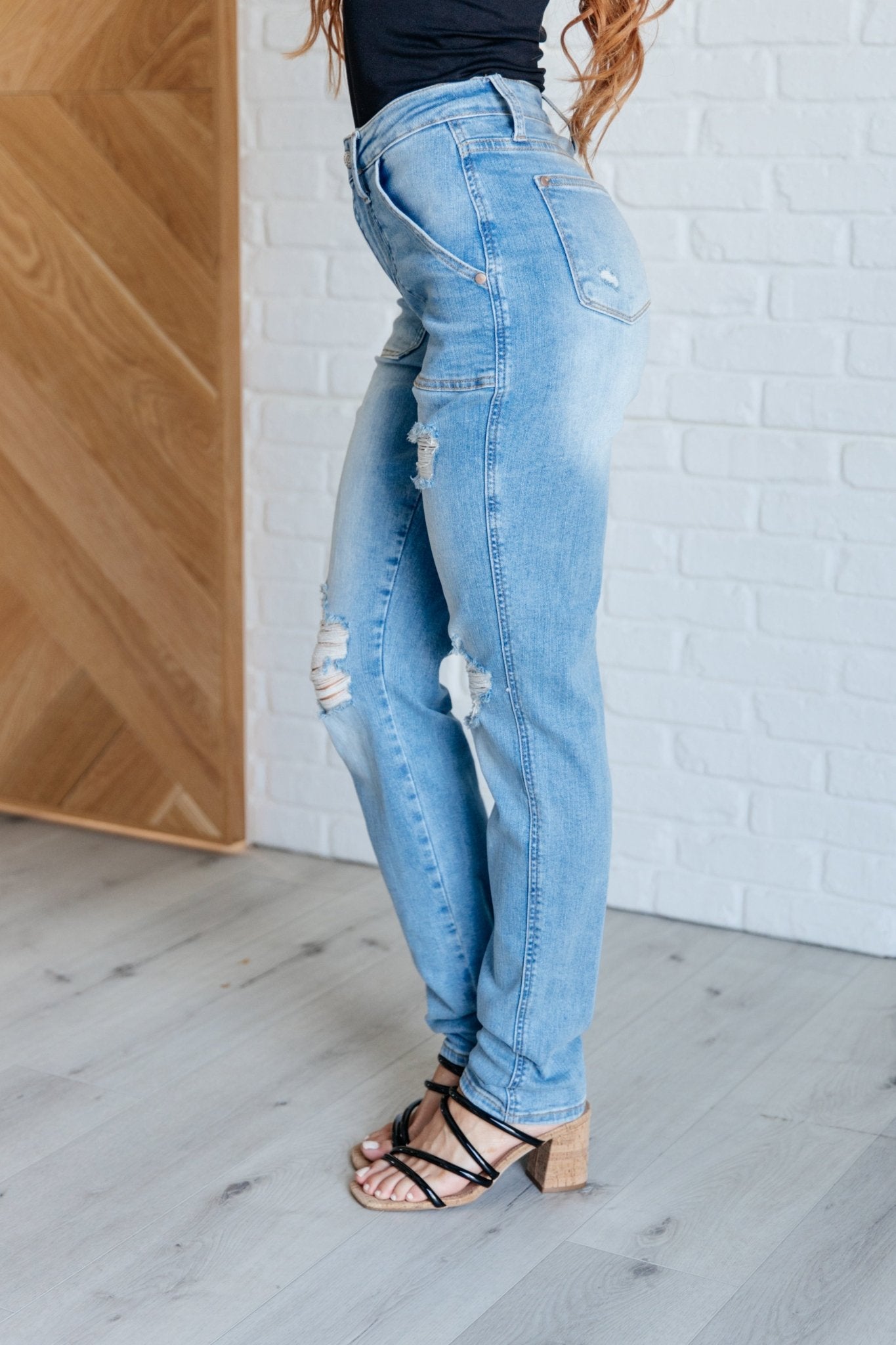 Aiden High Rise Patch Pocket Distressed Boyfriend Jeans - Loving God