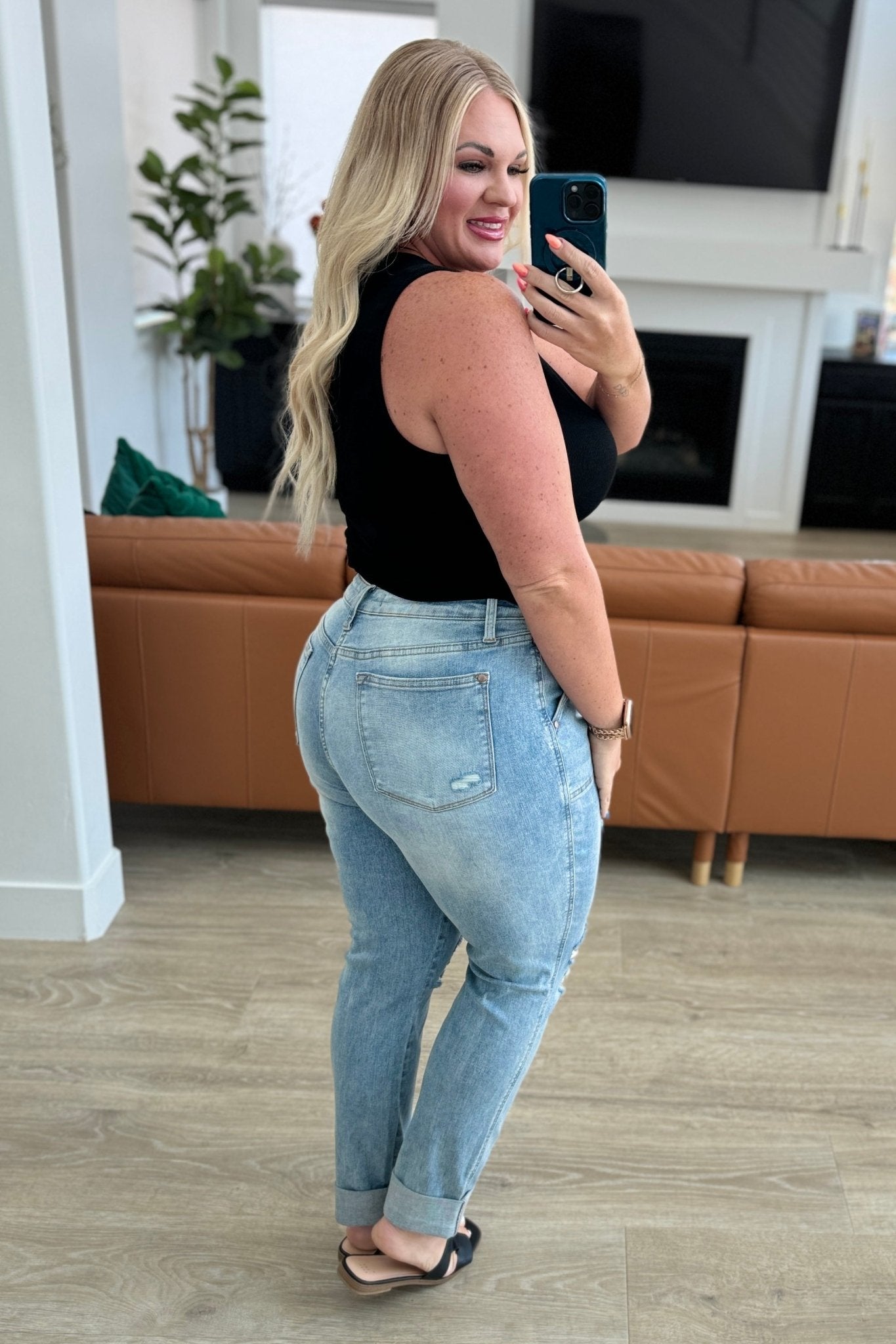 Aiden High Rise Patch Pocket Distressed Boyfriend Jeans - Loving God
