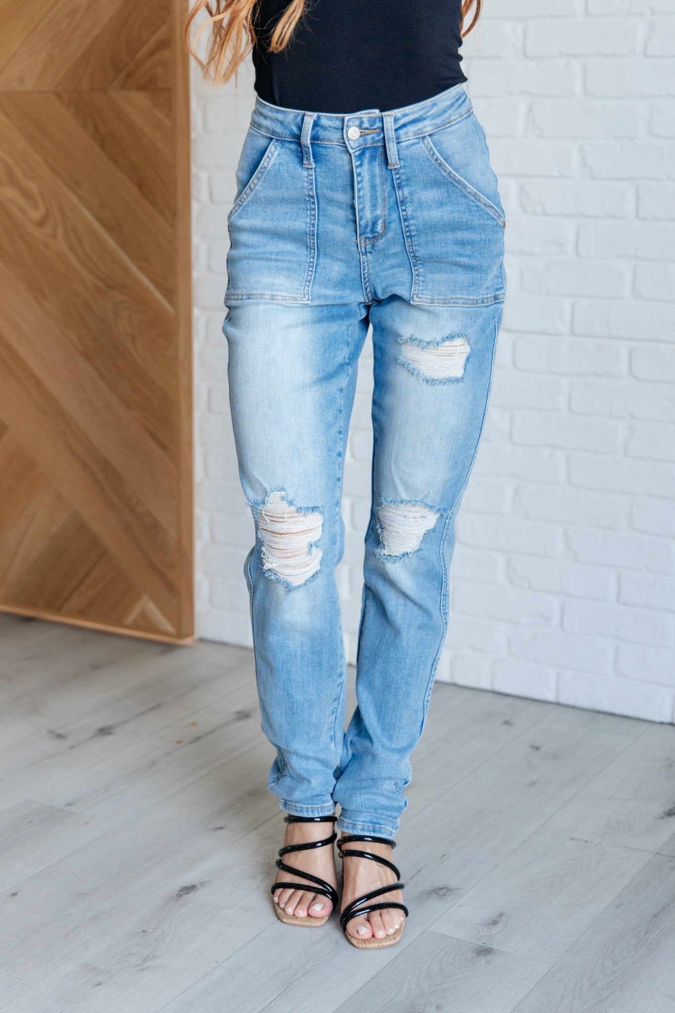 Aiden High Rise Patch Pocket Distressed Boyfriend Jeans - Loving God