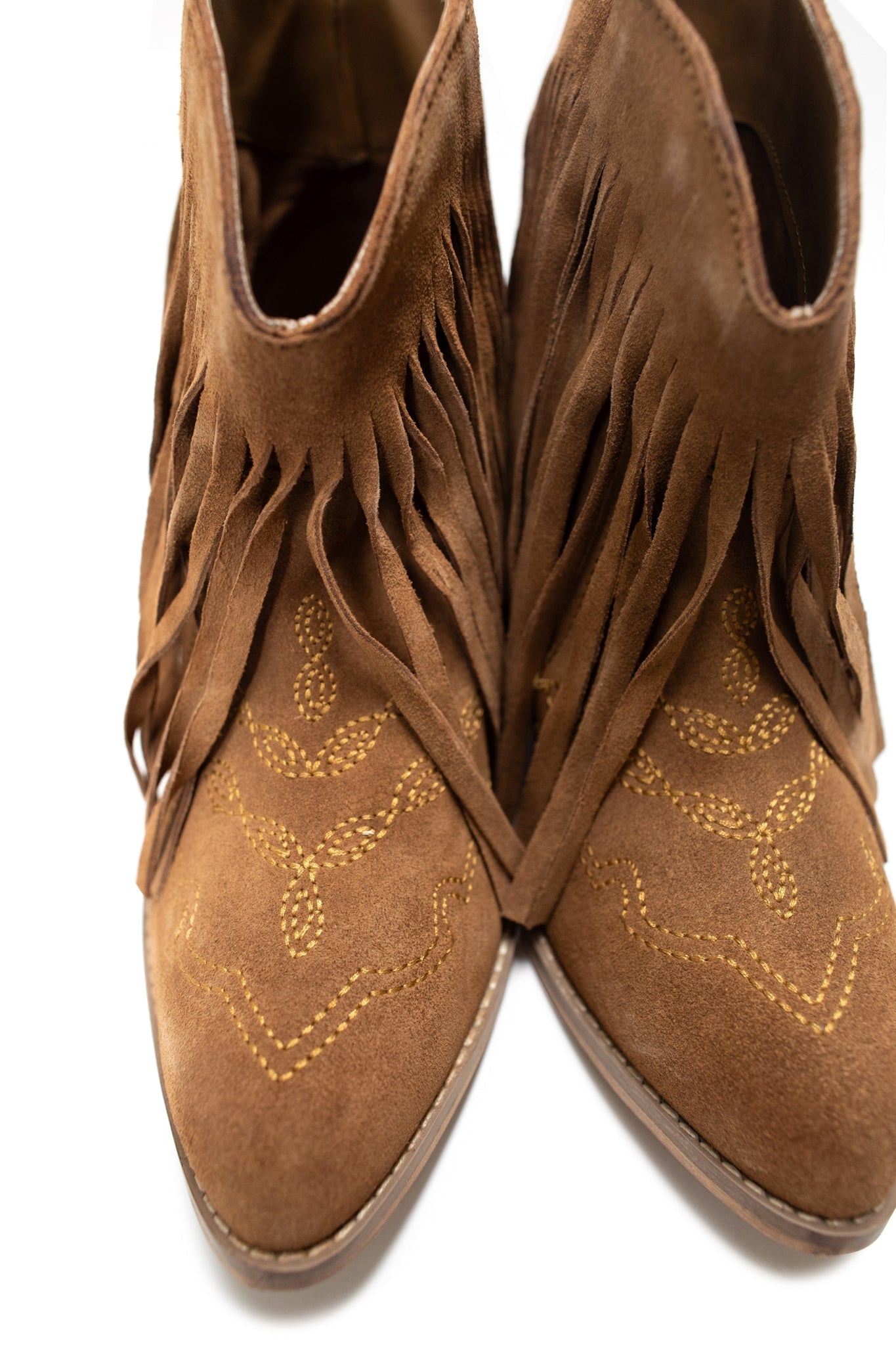 Amos Fringe Ankle Bootie in Tan Suede - Loving God