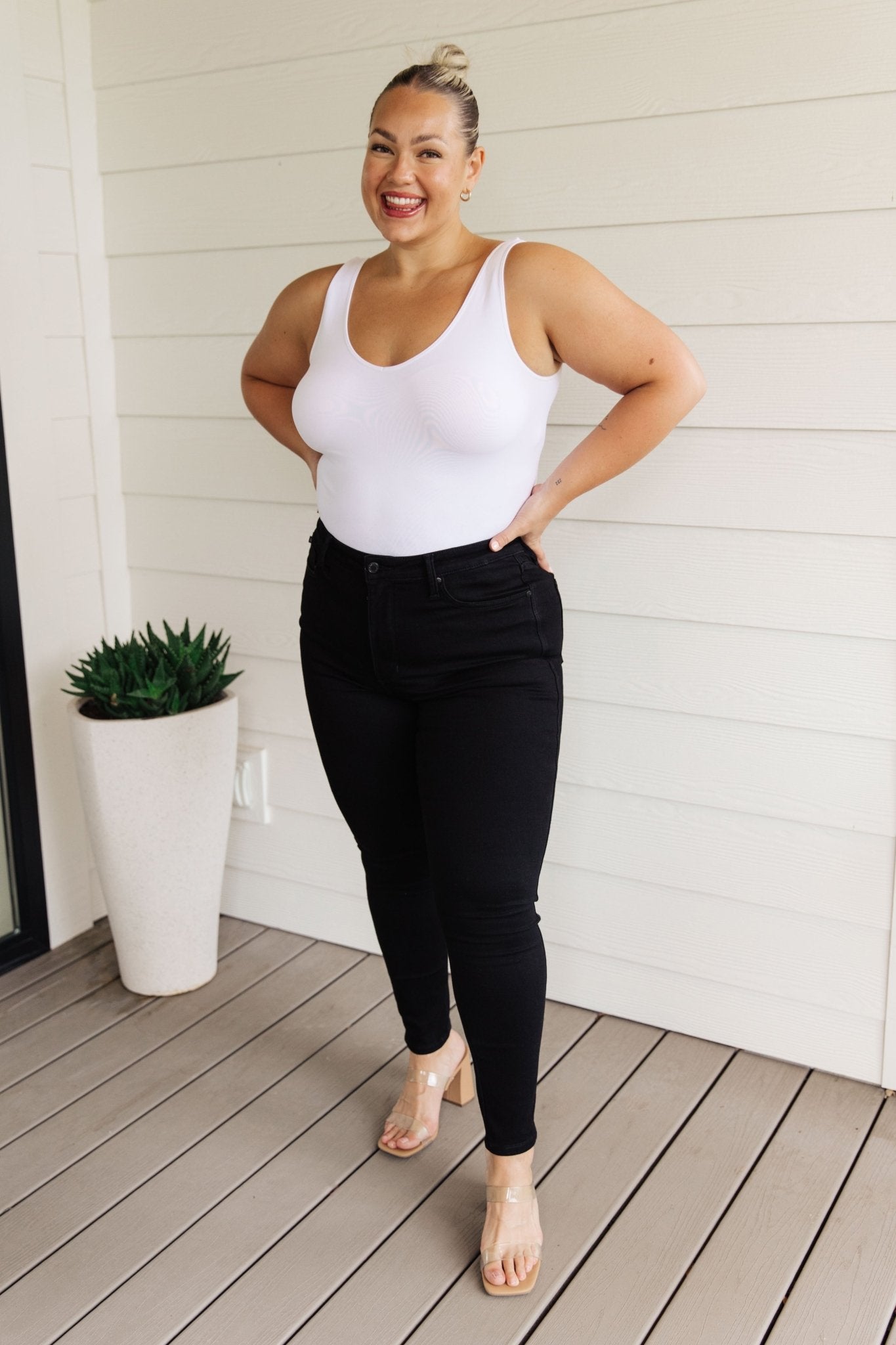 Audrey High Rise Control Top Classic Skinny Jeans in Black - Loving God