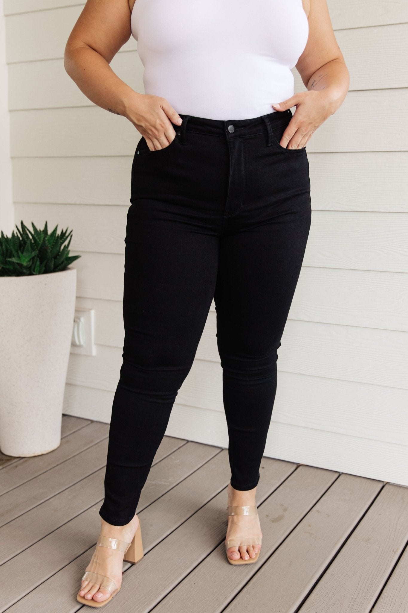 Audrey High Rise Control Top Classic Skinny Jeans in Black - Loving God