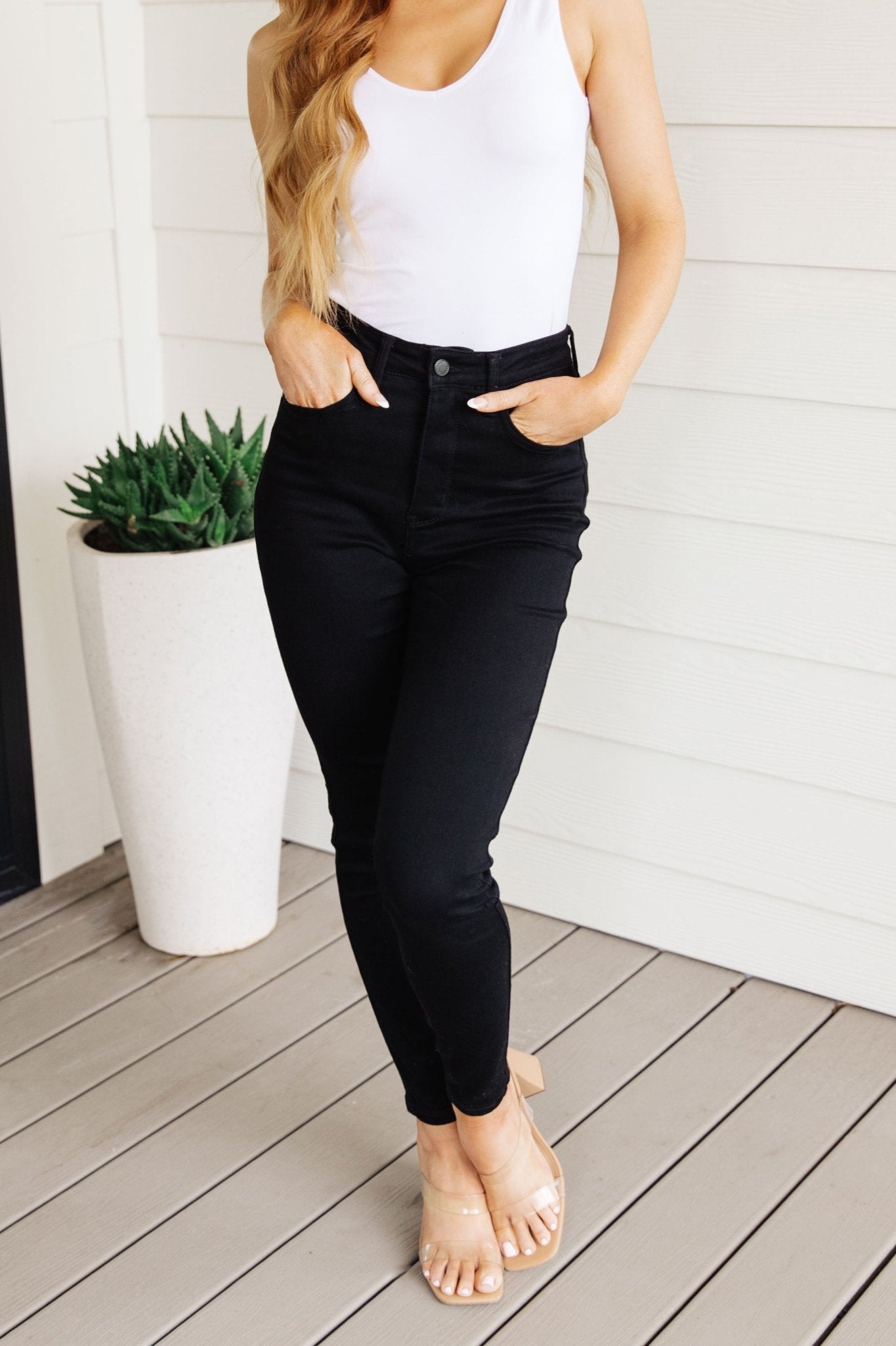 Audrey High Rise Control Top Classic Skinny Jeans in Black - Loving God