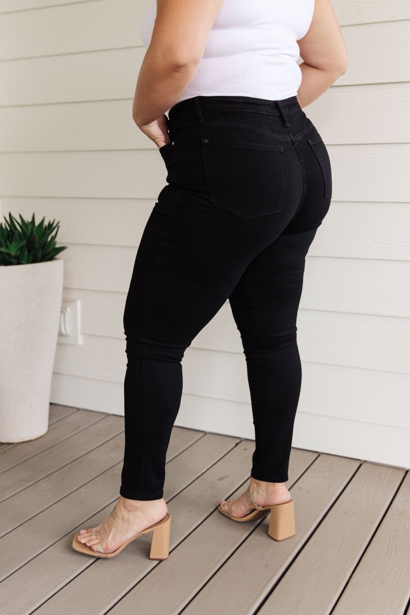 Audrey High Rise Control Top Classic Skinny Jeans in Black - Loving God