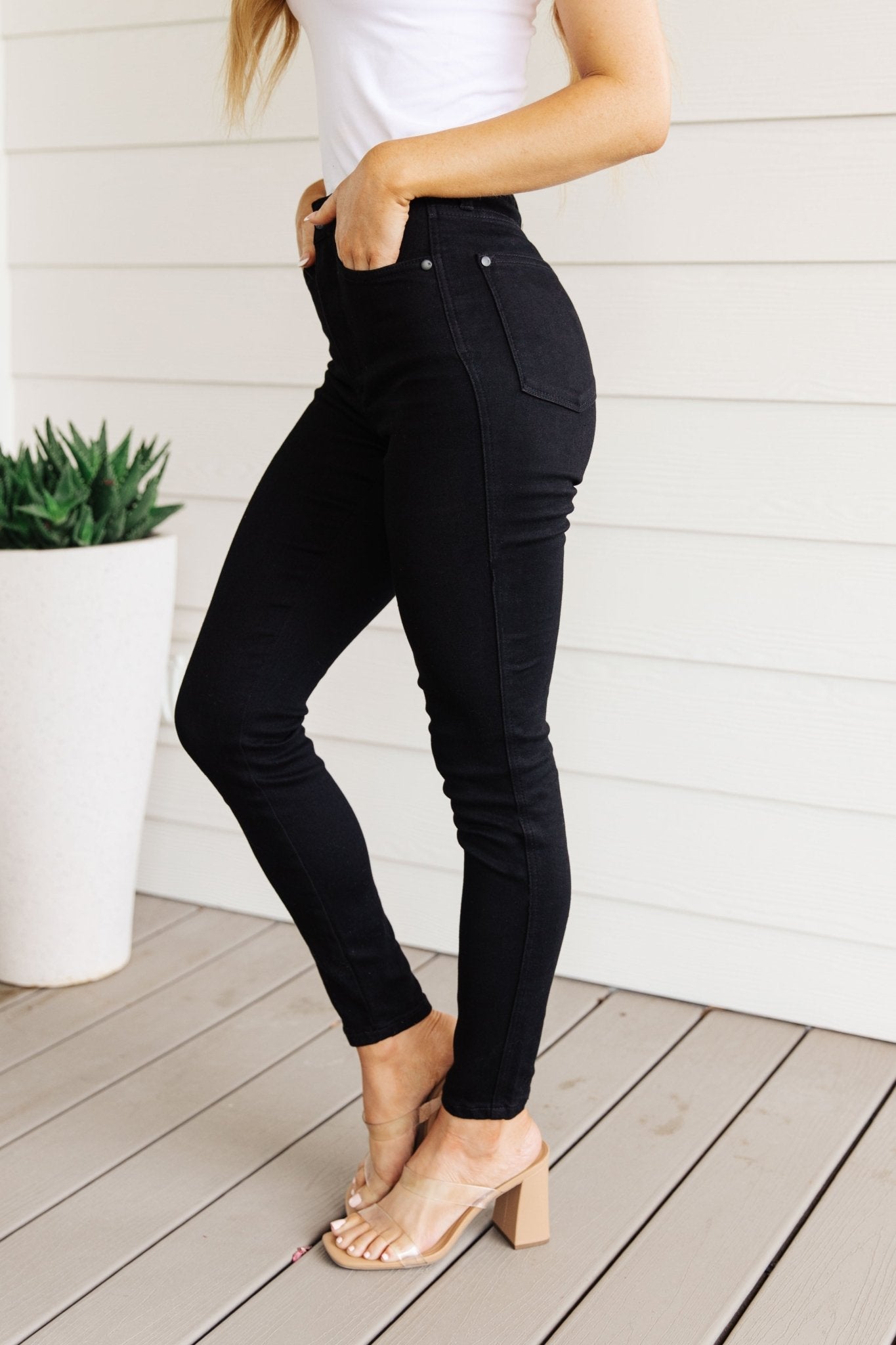Audrey High Rise Control Top Classic Skinny Jeans in Black - Loving God
