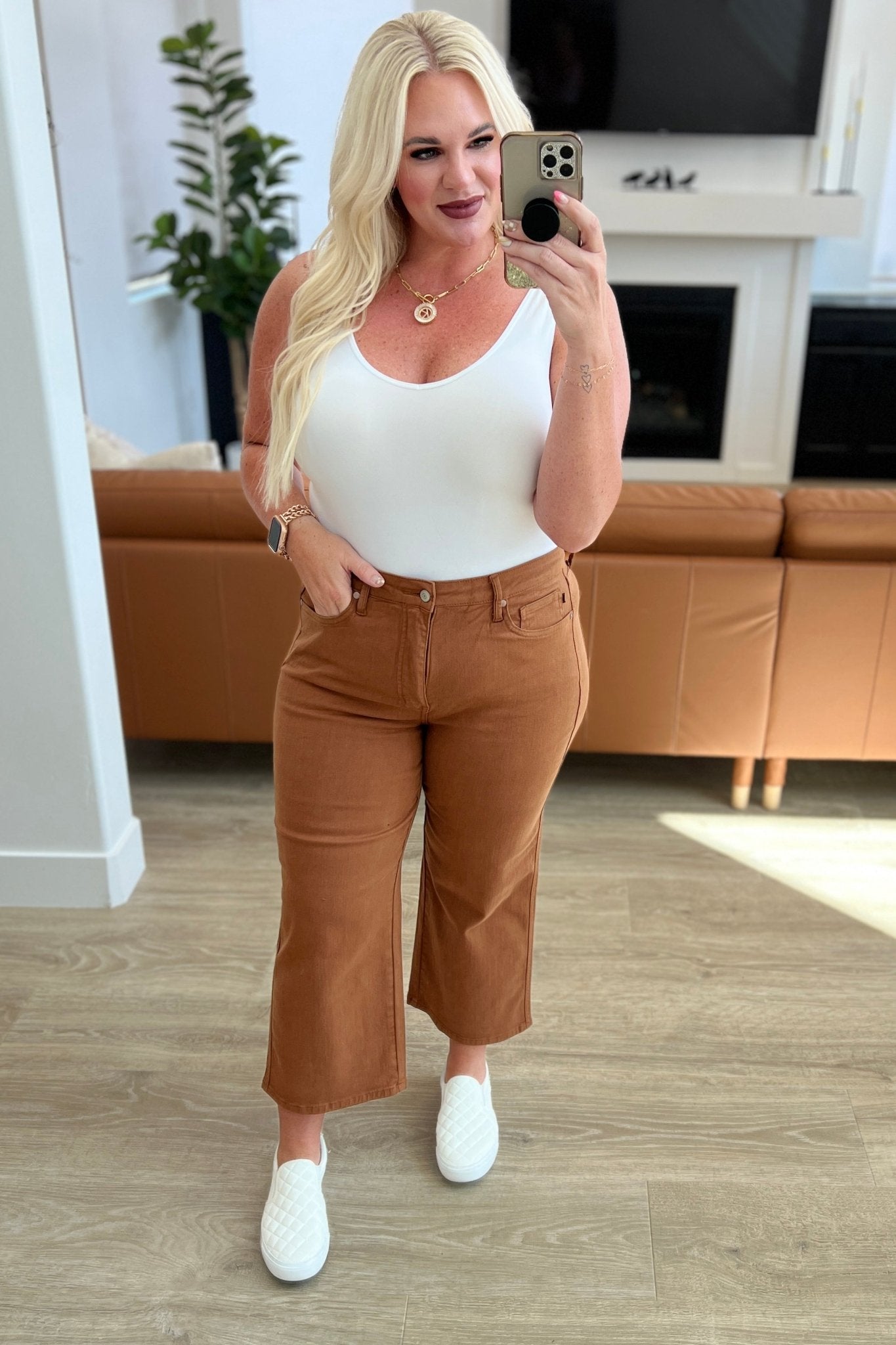 Briar High Rise Control Top Wide Leg Crop Jeans in Camel - Loving God