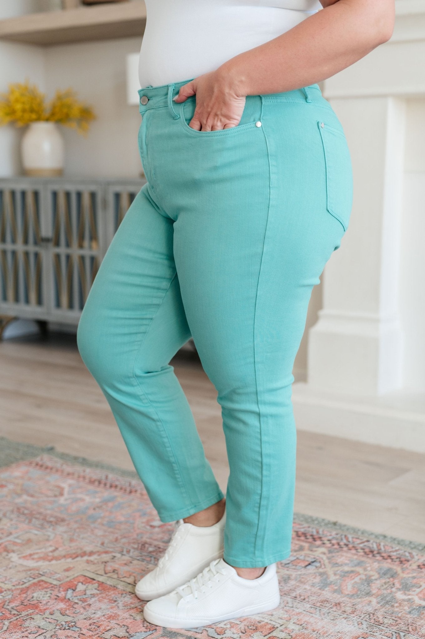 Bridgette High Rise Garment Dyed Slim Jeans in Aquamarine - Loving God
