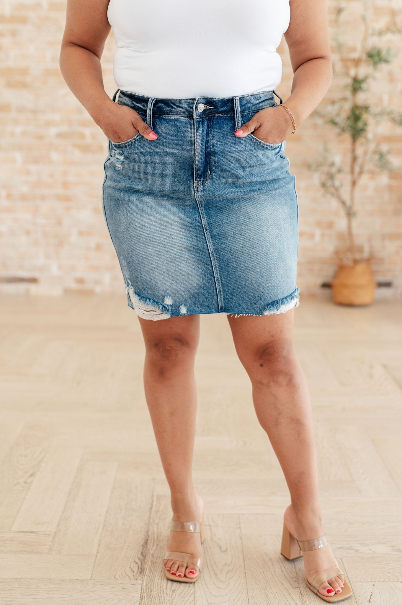 Carol High Rise Rigid Magic Denim Skirt - Loving God