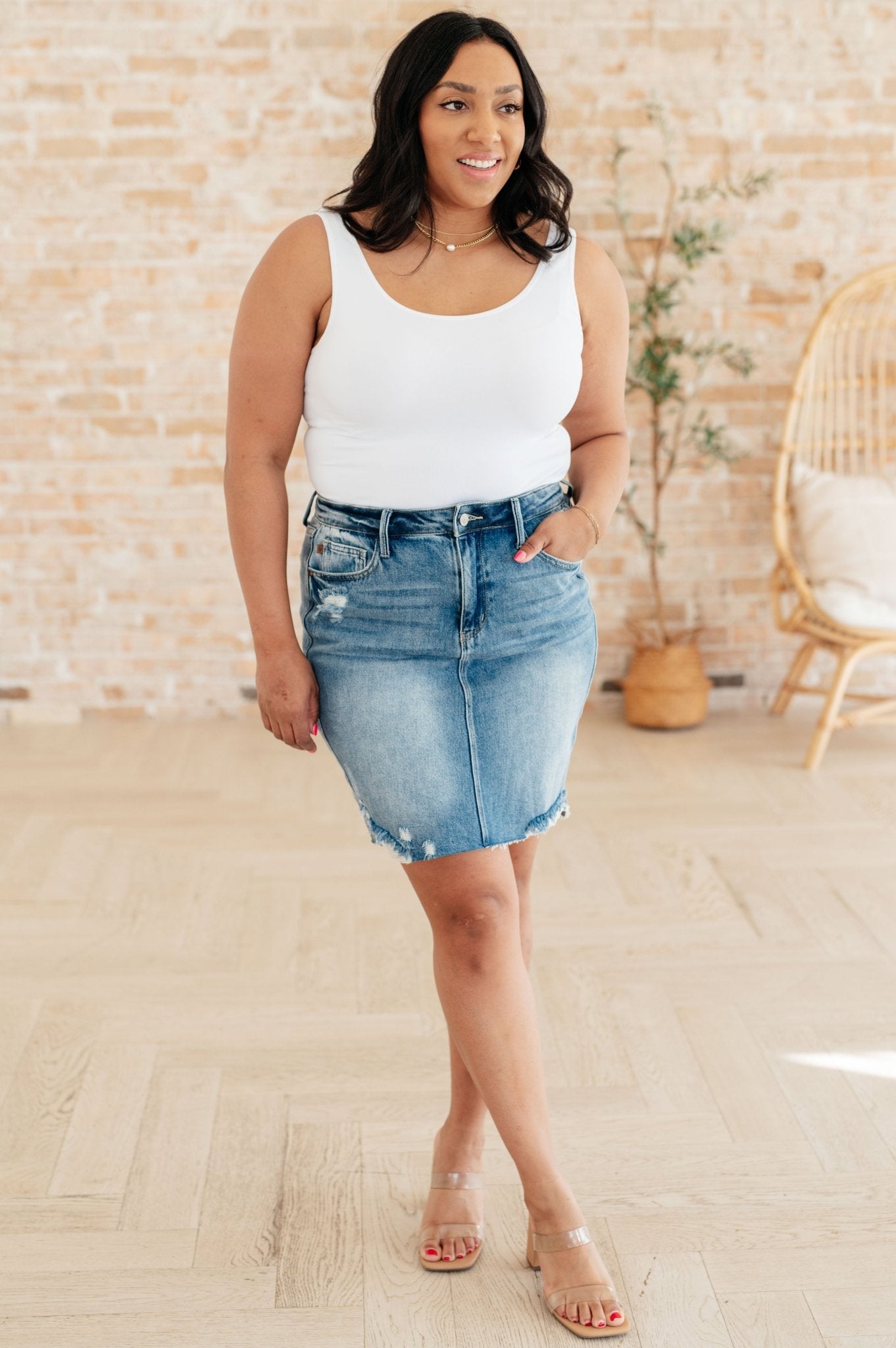 Carol High Rise Rigid Magic Denim Skirt - Loving God
