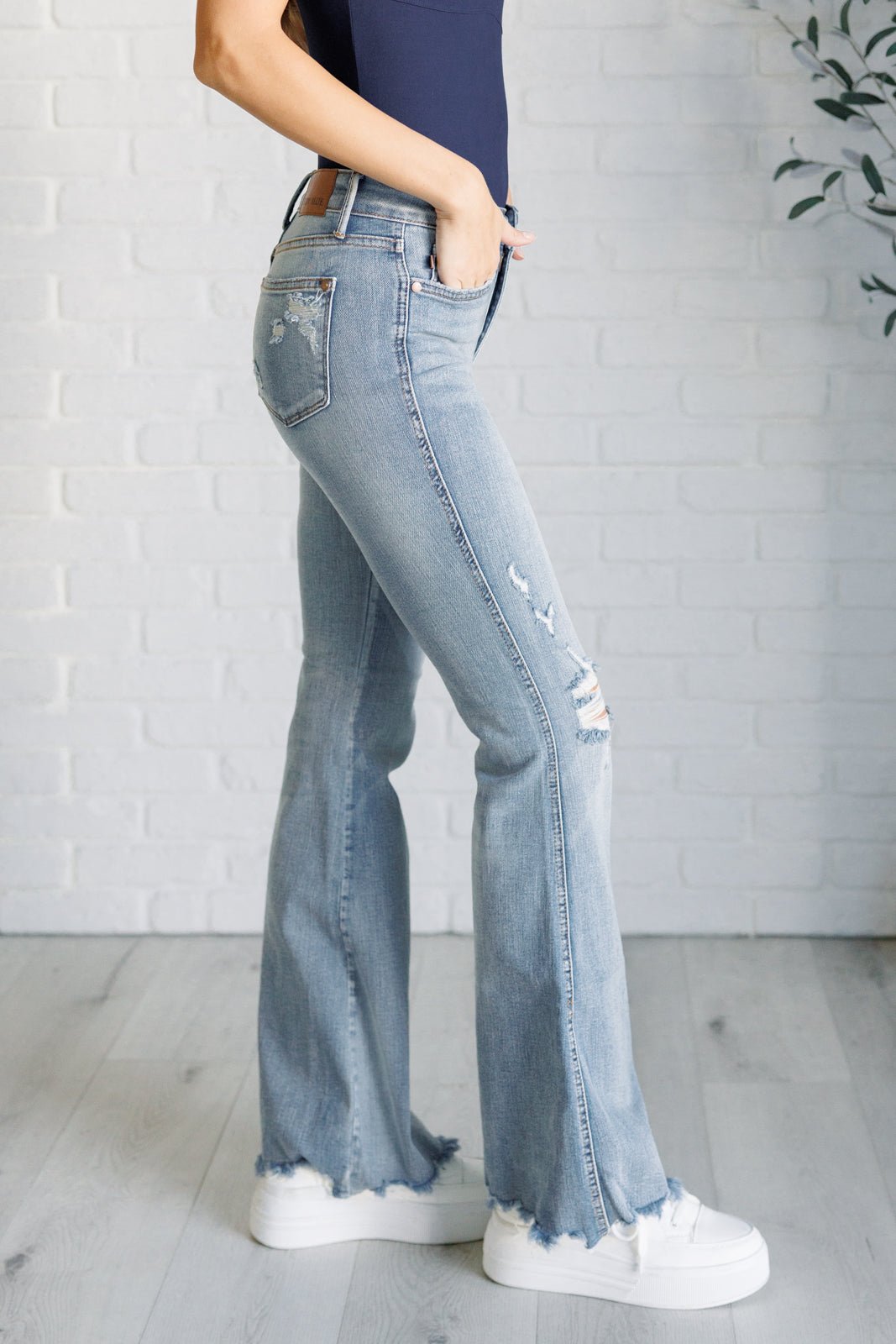 Caroline Mid Rise Control Top Distressed Flare Jeans - Loving God