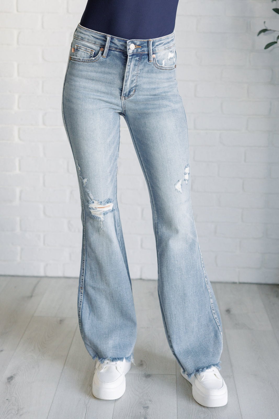 Caroline Mid Rise Control Top Distressed Flare Jeans - Loving God
