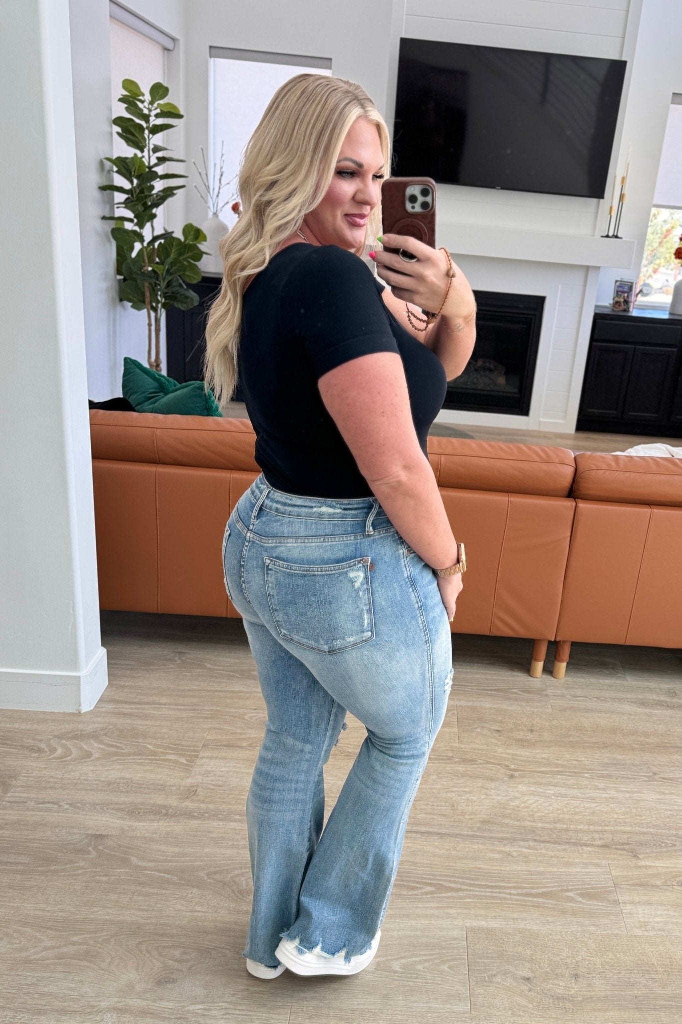 Caroline Mid Rise Control Top Distressed Flare Jeans - Loving God