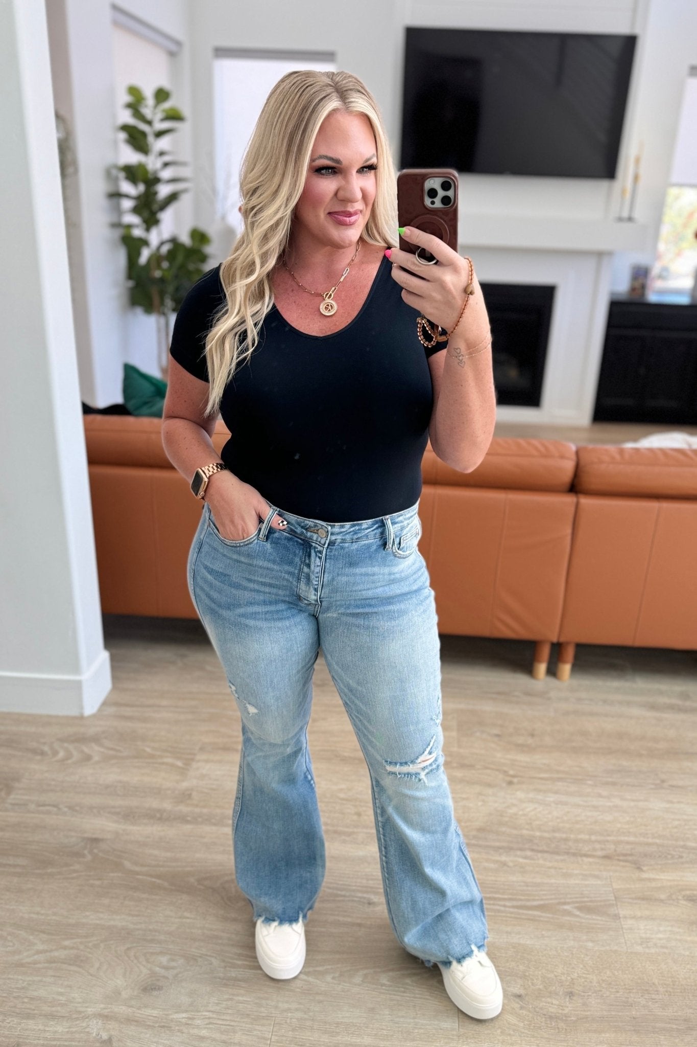 Caroline Mid Rise Control Top Distressed Flare Jeans - Loving God