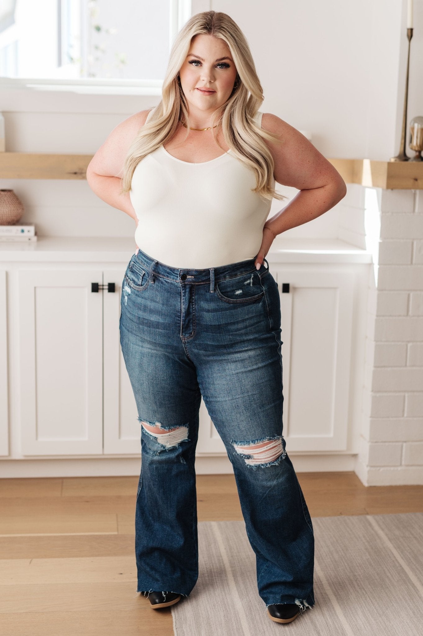 Cassandra High Rise Control Top Distressed Flare Jeans - Loving God