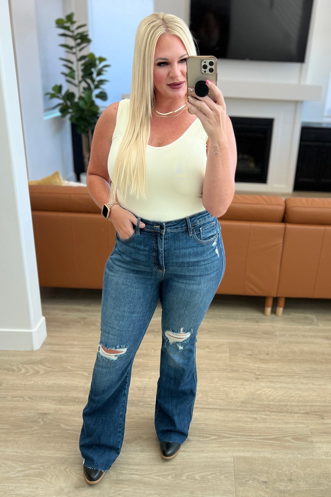 Cassandra High Rise Control Top Distressed Flare Jeans - Loving God