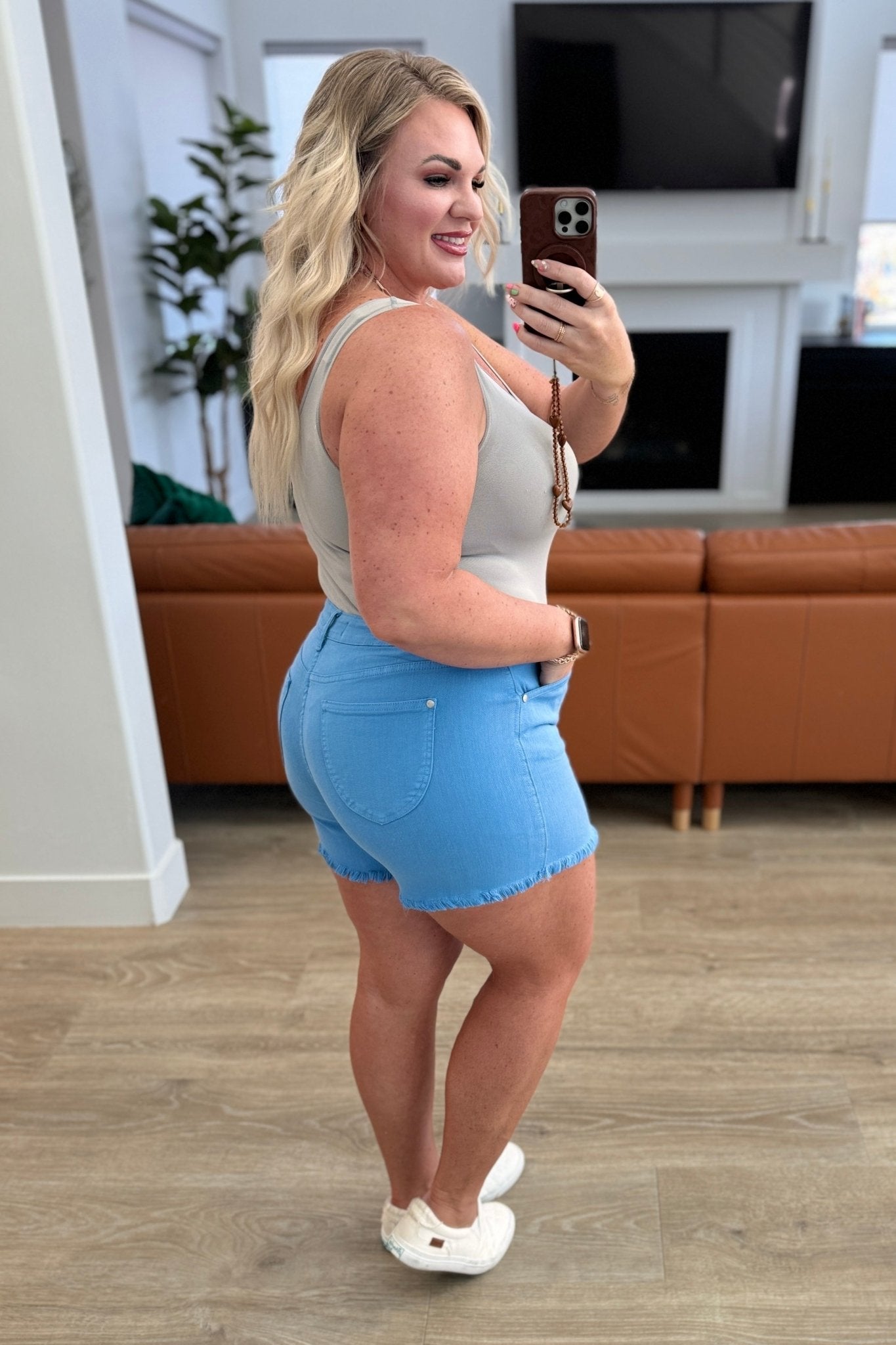 Celeste Mid Rise Shield Pocket Cutoff Shorts in Sky Blue - Loving God
