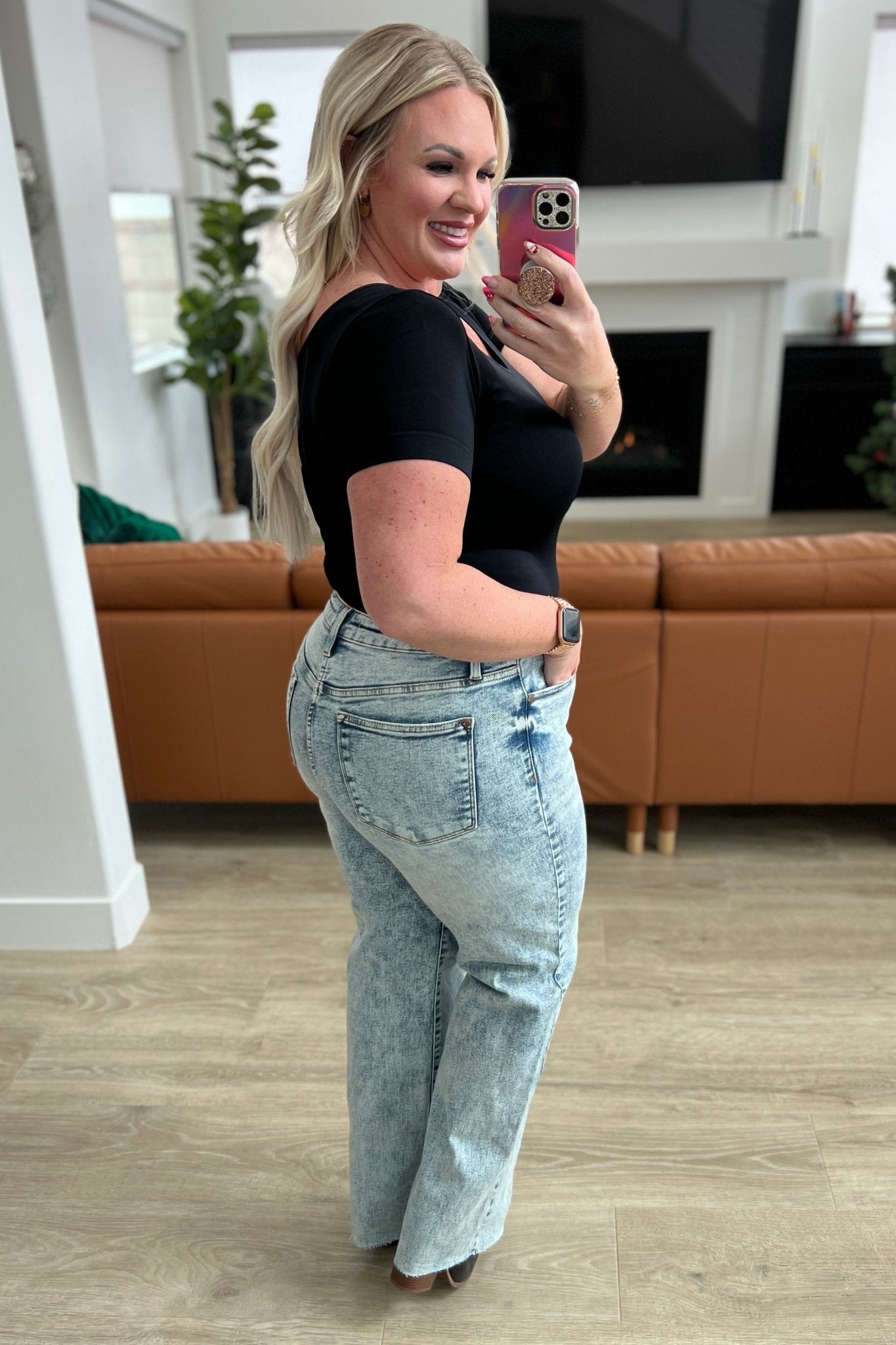 Dory High Waist Mineral Wash Raw Hem Wide Leg Jeans - Loving God