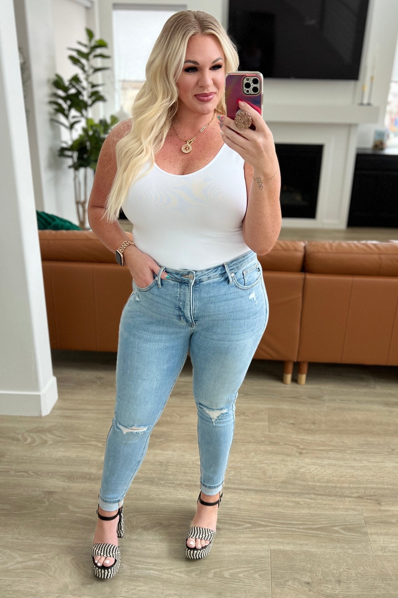 Eloise Mid Rise Control Top Distressed Skinny Jeans - Loving God