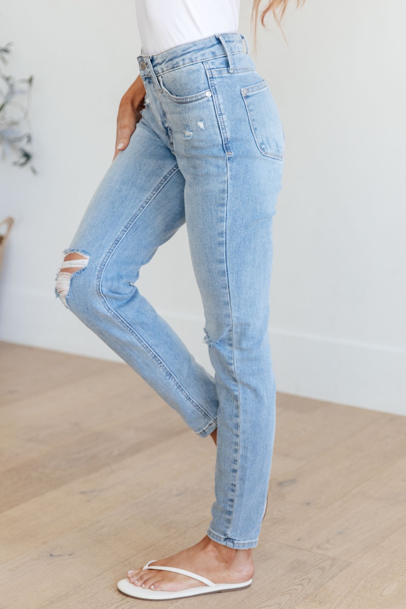 Eloise Mid Rise Control Top Distressed Skinny Jeans - Loving God