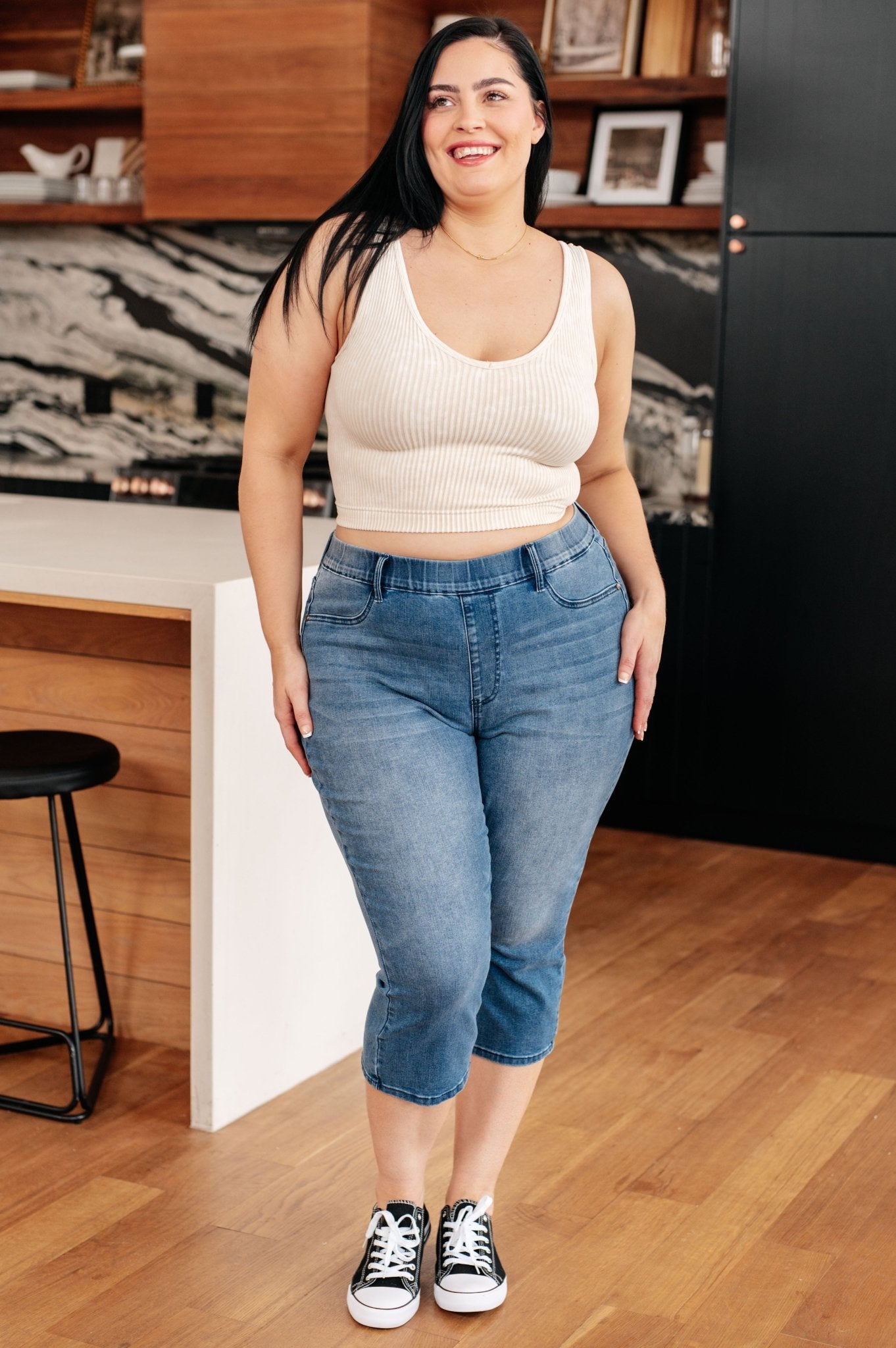 Emily High Rise Cool Denim Pull On Capri Jeans - Loving God