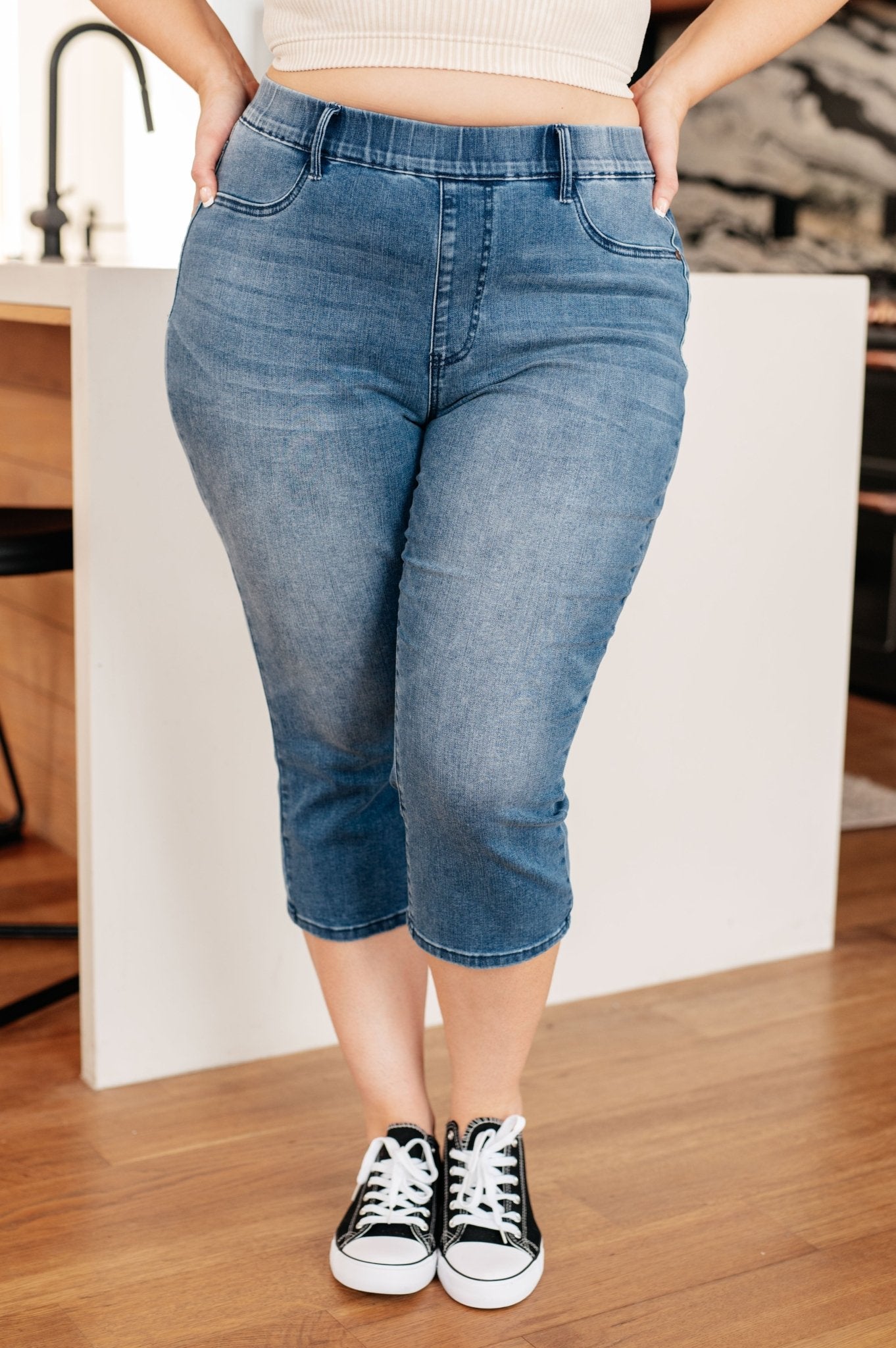 Emily High Rise Cool Denim Pull On Capri Jeans - Loving God