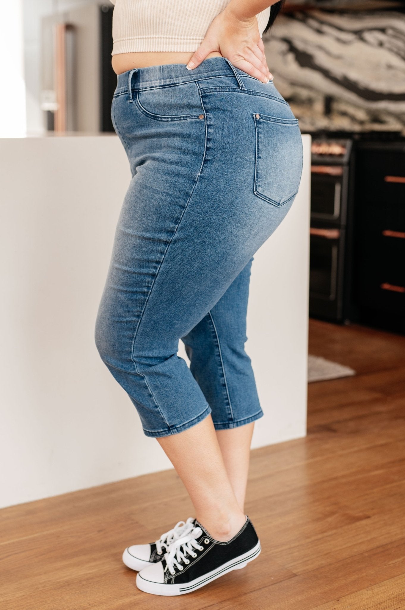 Emily High Rise Cool Denim Pull On Capri Jeans - Loving God