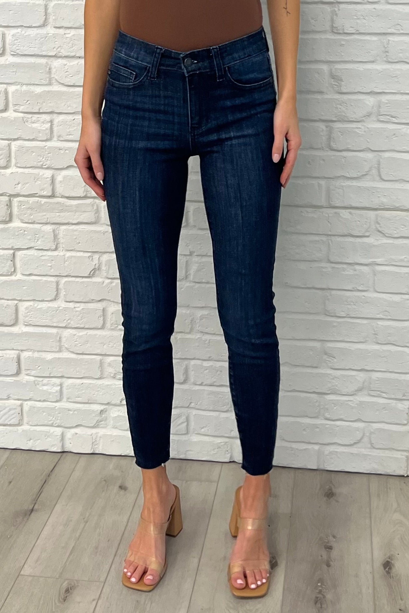 Fallon Mid Rise Adjustable Waist Raw Hem Skinny Jeans - Loving God