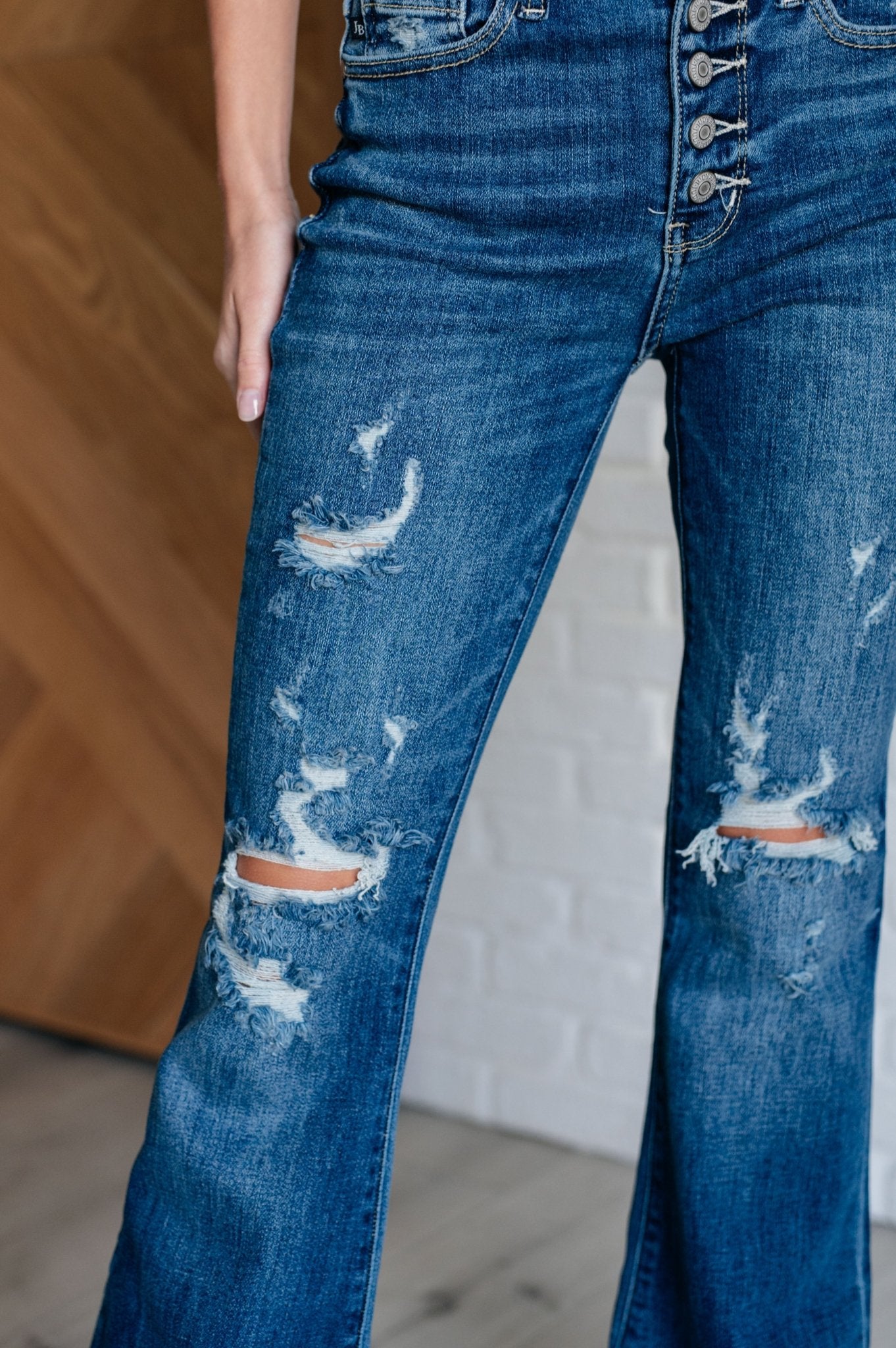 Gabriella Mid Rise Distressed Button Fly Flare Jeans - Loving God