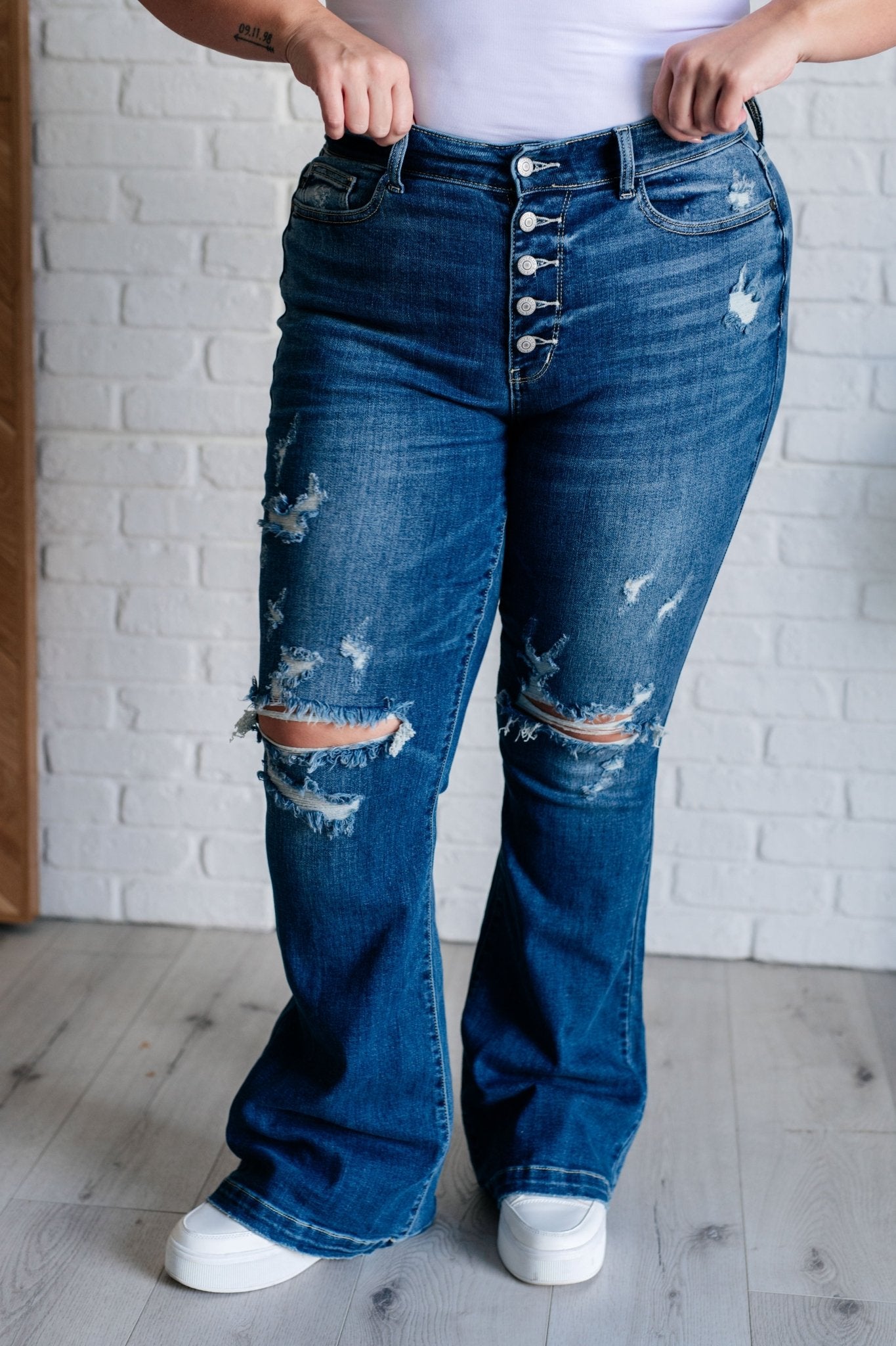 Gabriella Mid Rise Distressed Button Fly Flare Jeans - Loving God