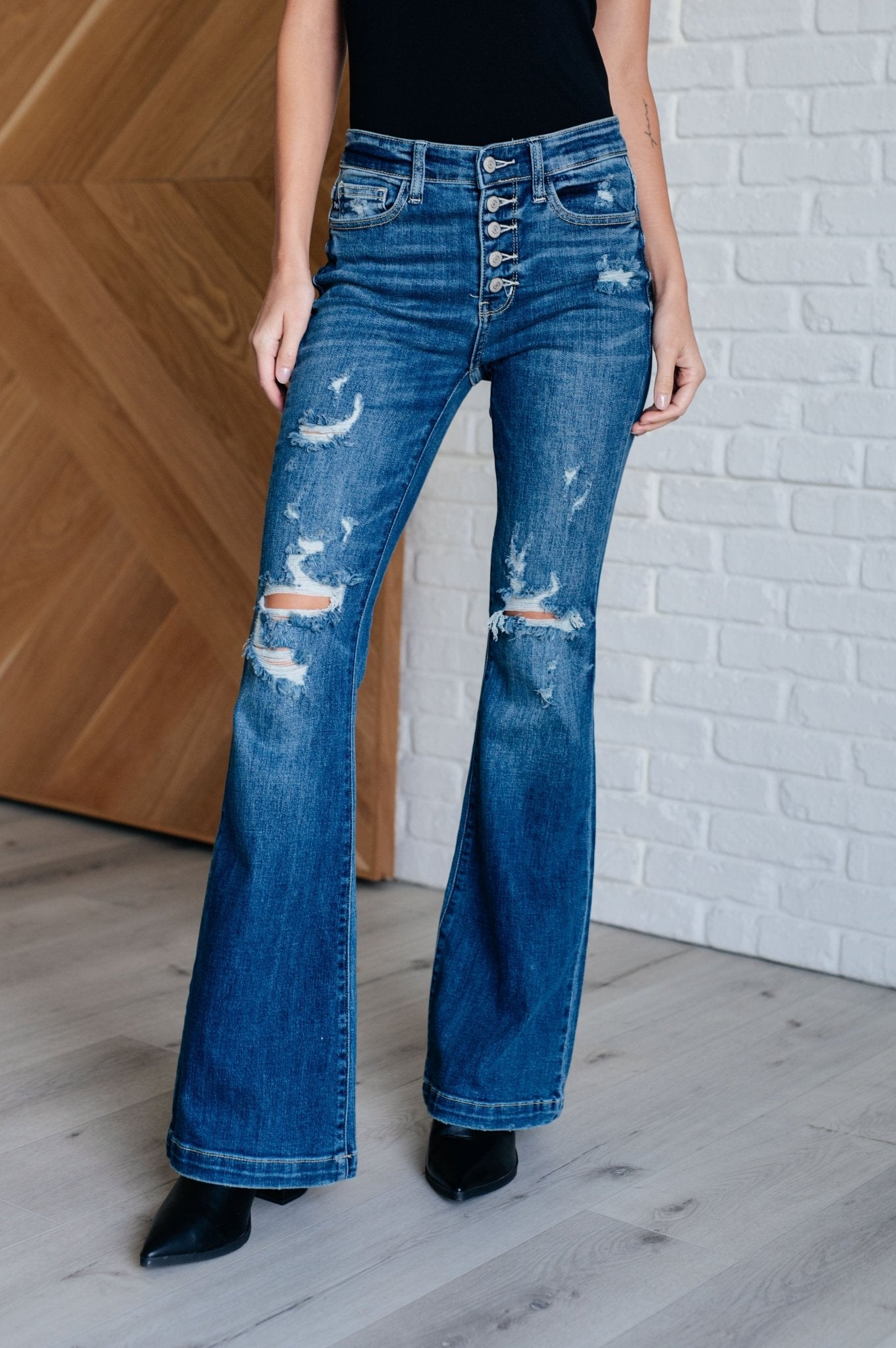 Gabriella Mid Rise Distressed Button Fly Flare Jeans - Loving God