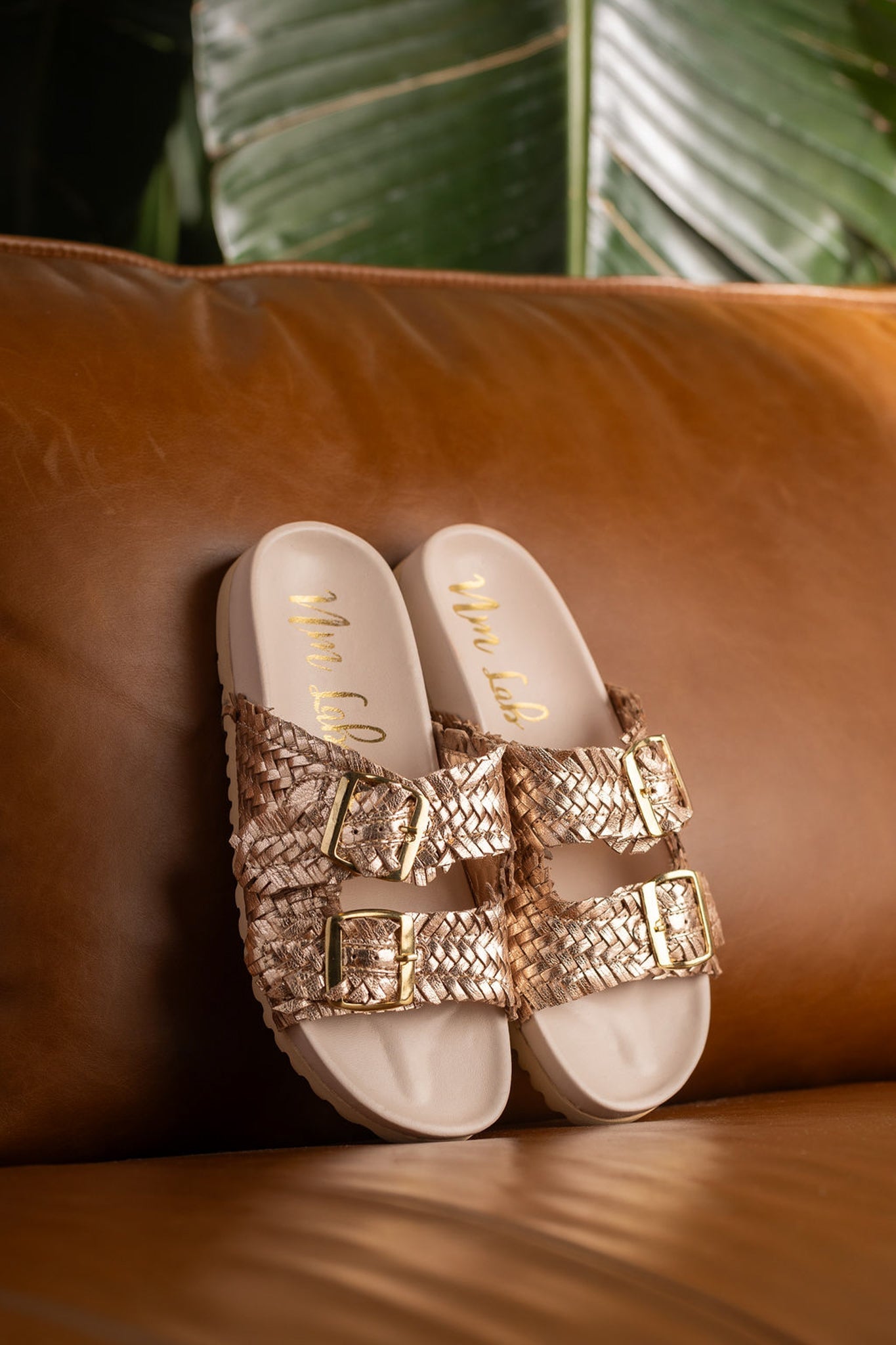 Intertwine Dual Woven Strap Slide in Champagne - Loving God