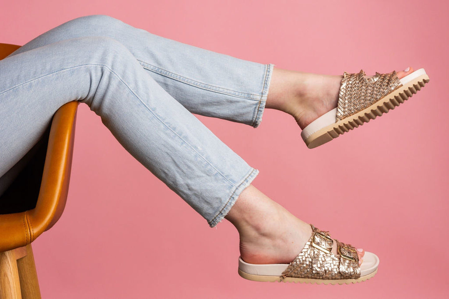 Intertwine Dual Woven Strap Slide in Champagne - Loving God