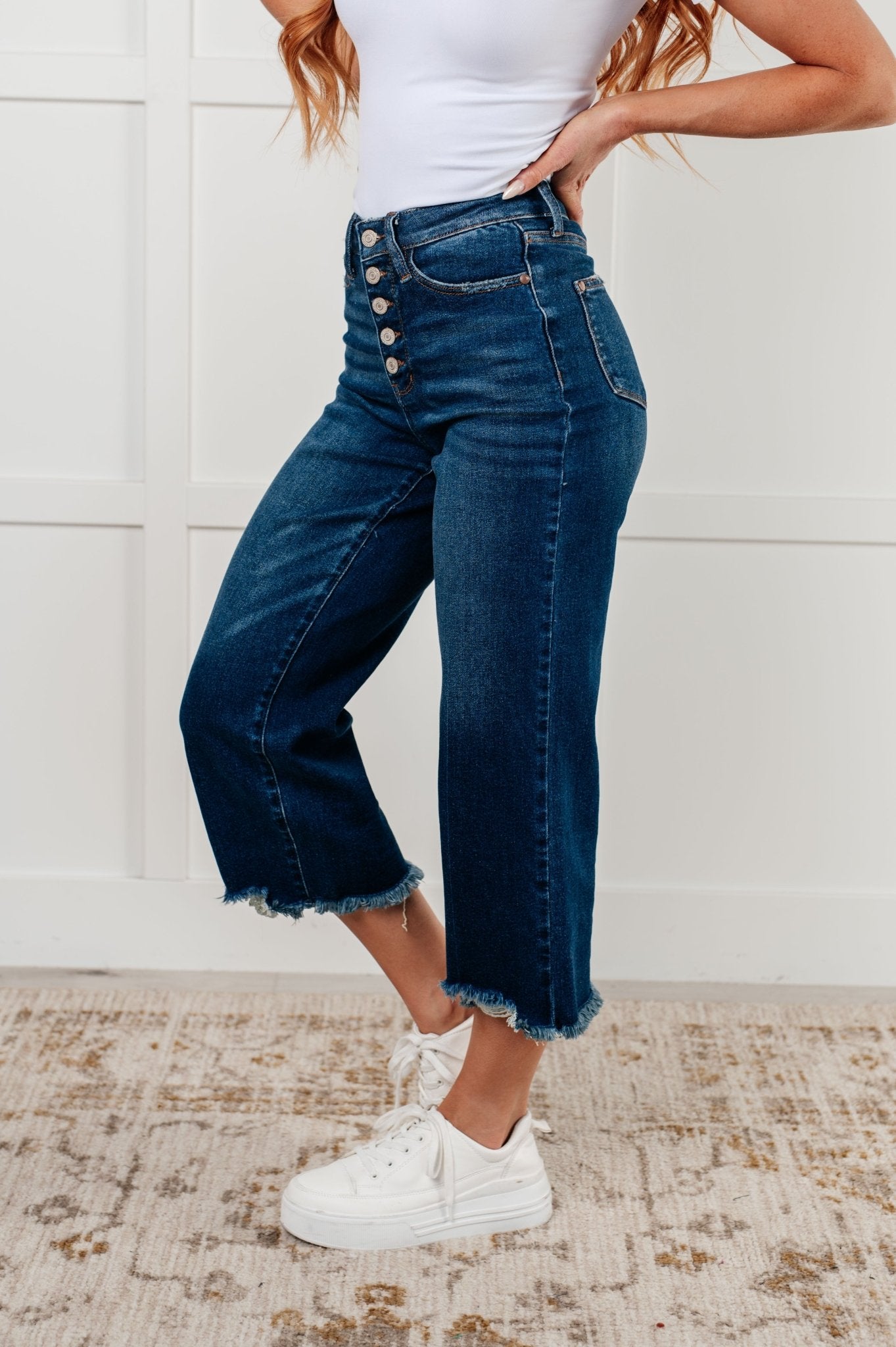 Janice High Rise Button Fly Wide Leg Crop Jeans - Loving God