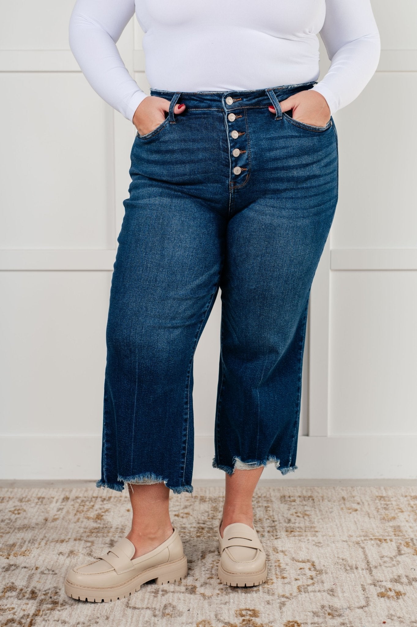 Janice High Rise Button Fly Wide Leg Crop Jeans - Loving God