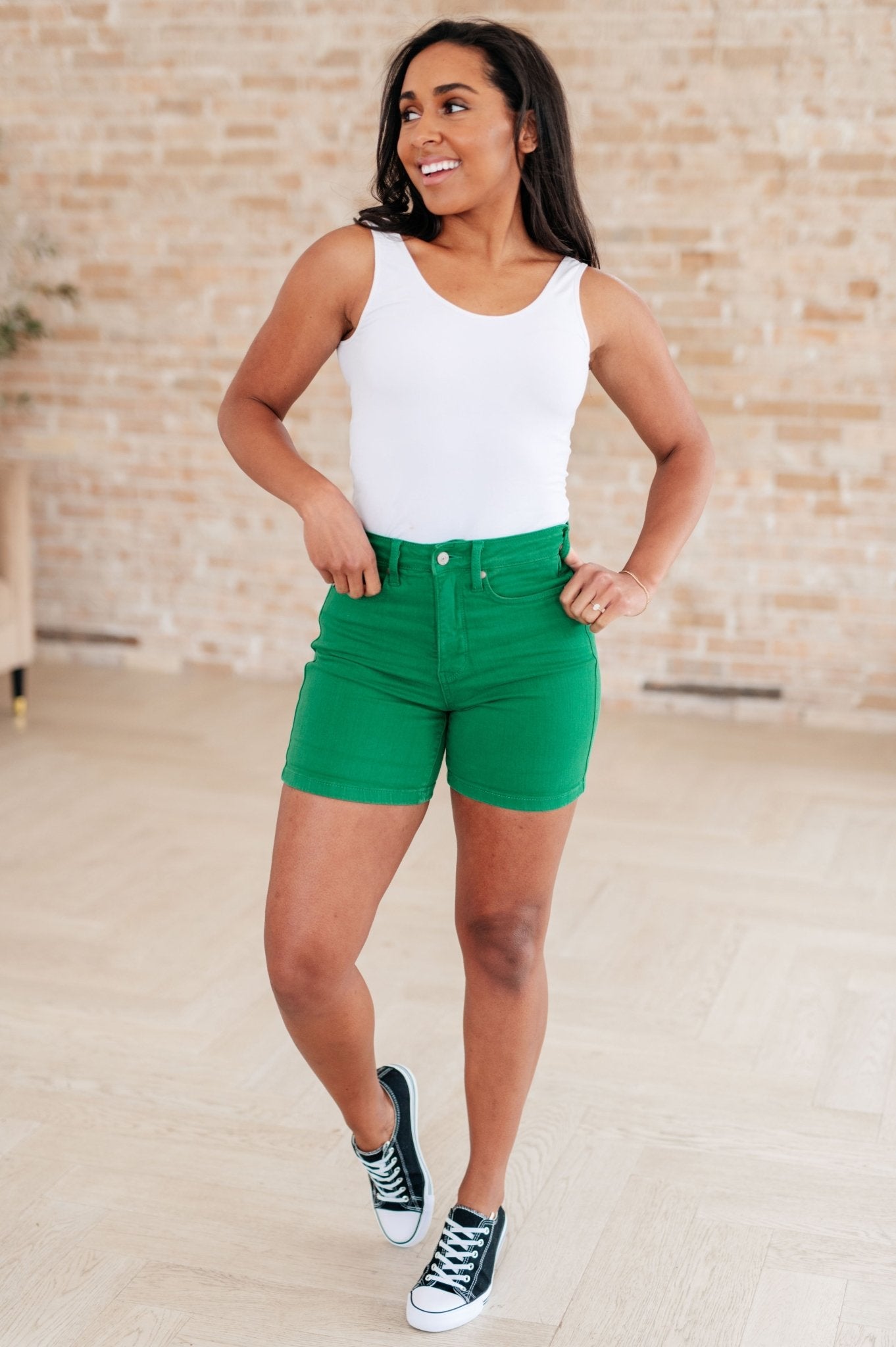 Jenna High Rise Control Top Cuffed Shorts in Green - Loving God