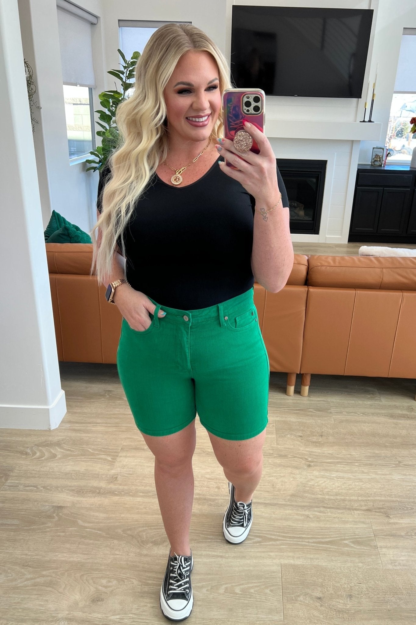 Jenna High Rise Control Top Cuffed Shorts in Green - Loving God
