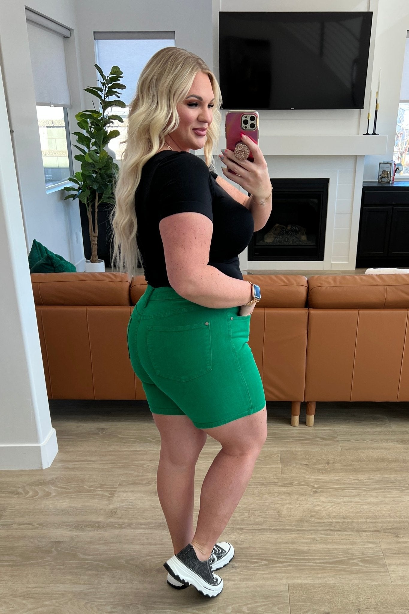 Jenna High Rise Control Top Cuffed Shorts in Green - Loving God