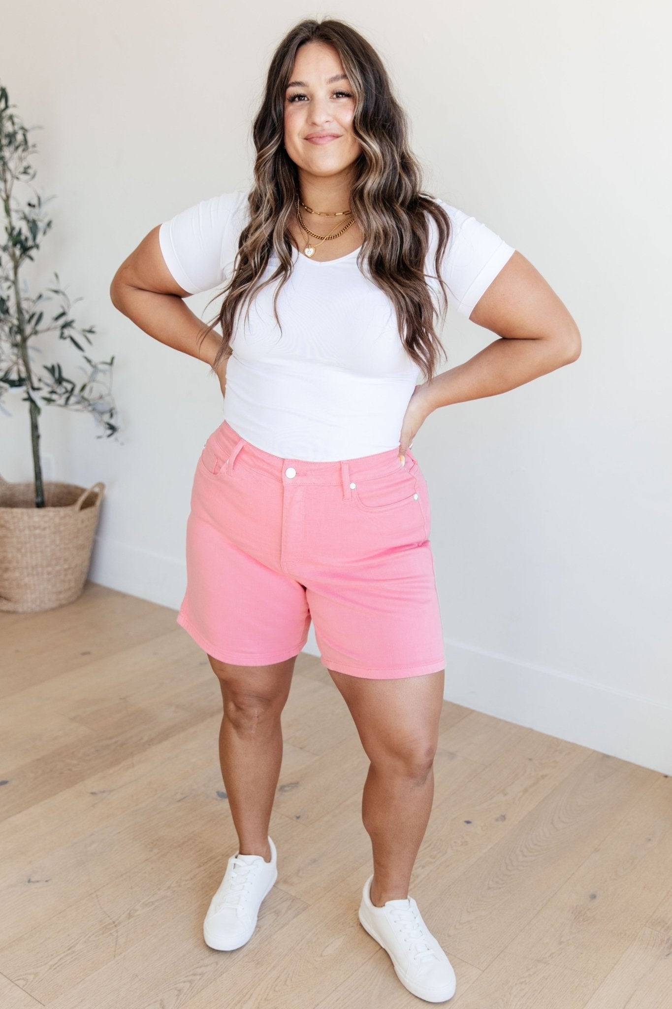 Jenna High Rise Control Top Cuffed Shorts in Pink - Loving God