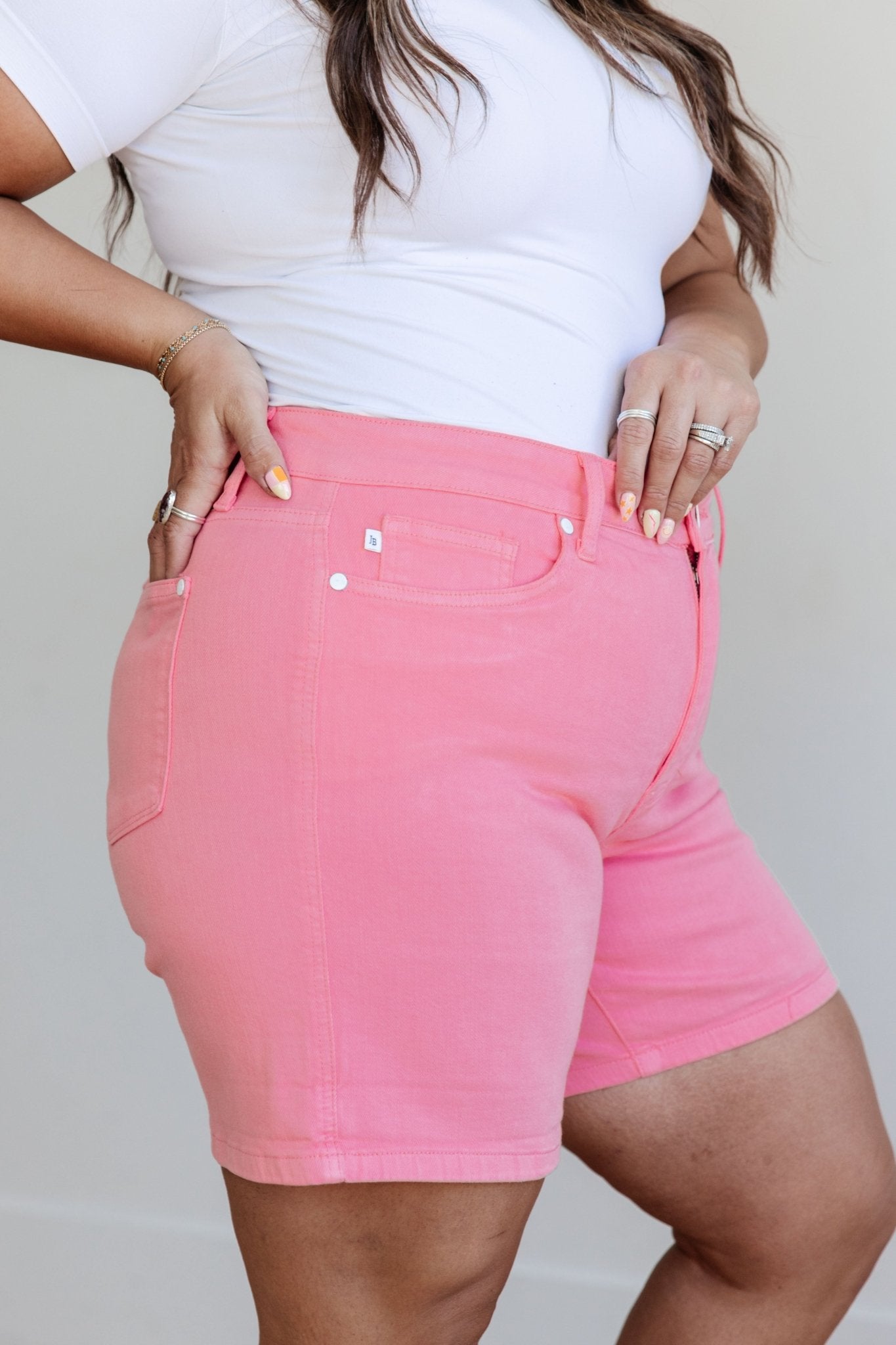 Jenna High Rise Control Top Cuffed Shorts in Pink - Loving God