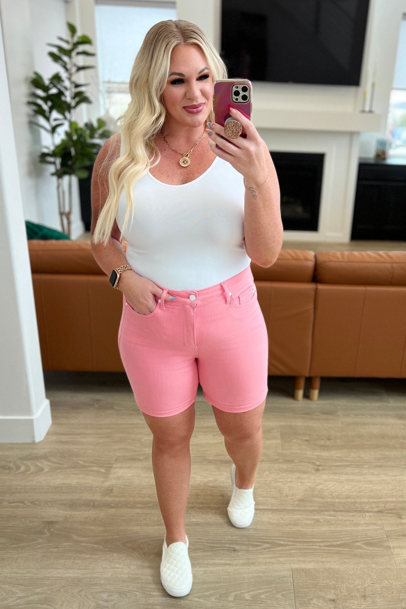 Jenna High Rise Control Top Cuffed Shorts in Pink - Loving God