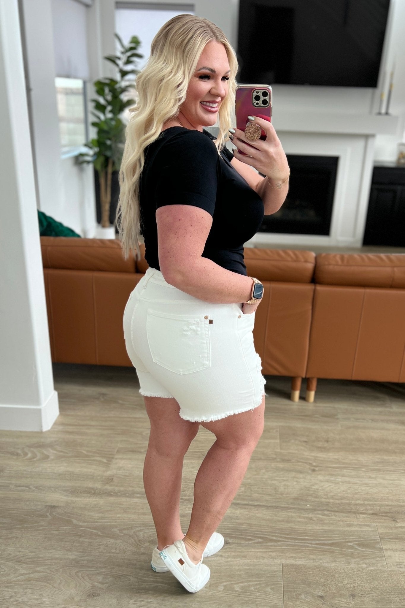 Jessie High Rise Rigid Magic Cutoff Shorts in White - Loving God