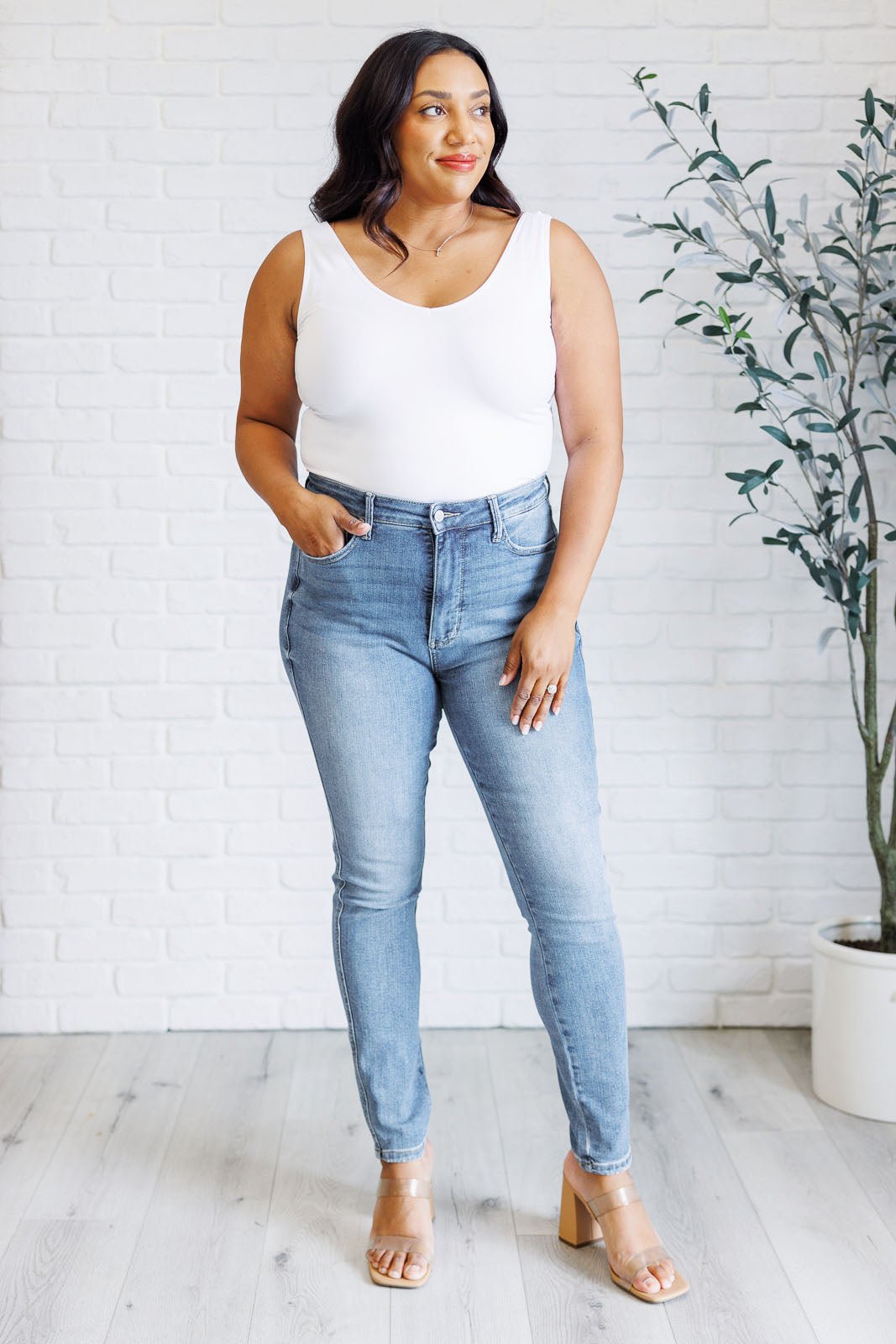 Justine High Rise Control Top Contrast Wash Skinny Jeans - Loving God
