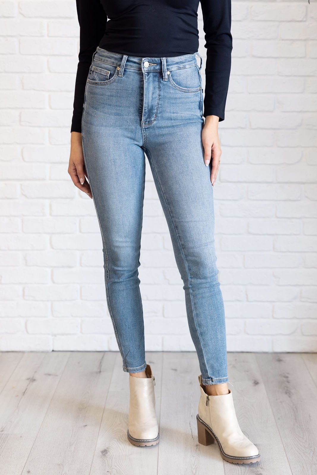 Justine High Rise Control Top Contrast Wash Skinny Jeans - Loving God