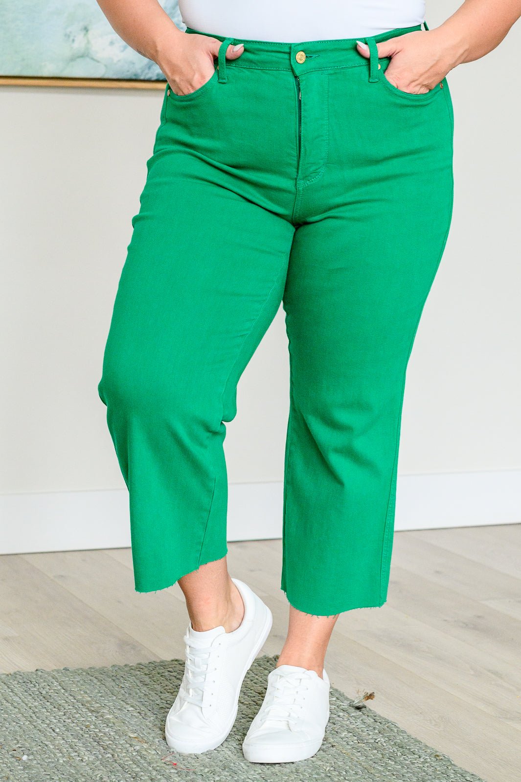 Lisa High Rise Control Top Wide Leg Crop Jeans in Kelly Green - Loving God