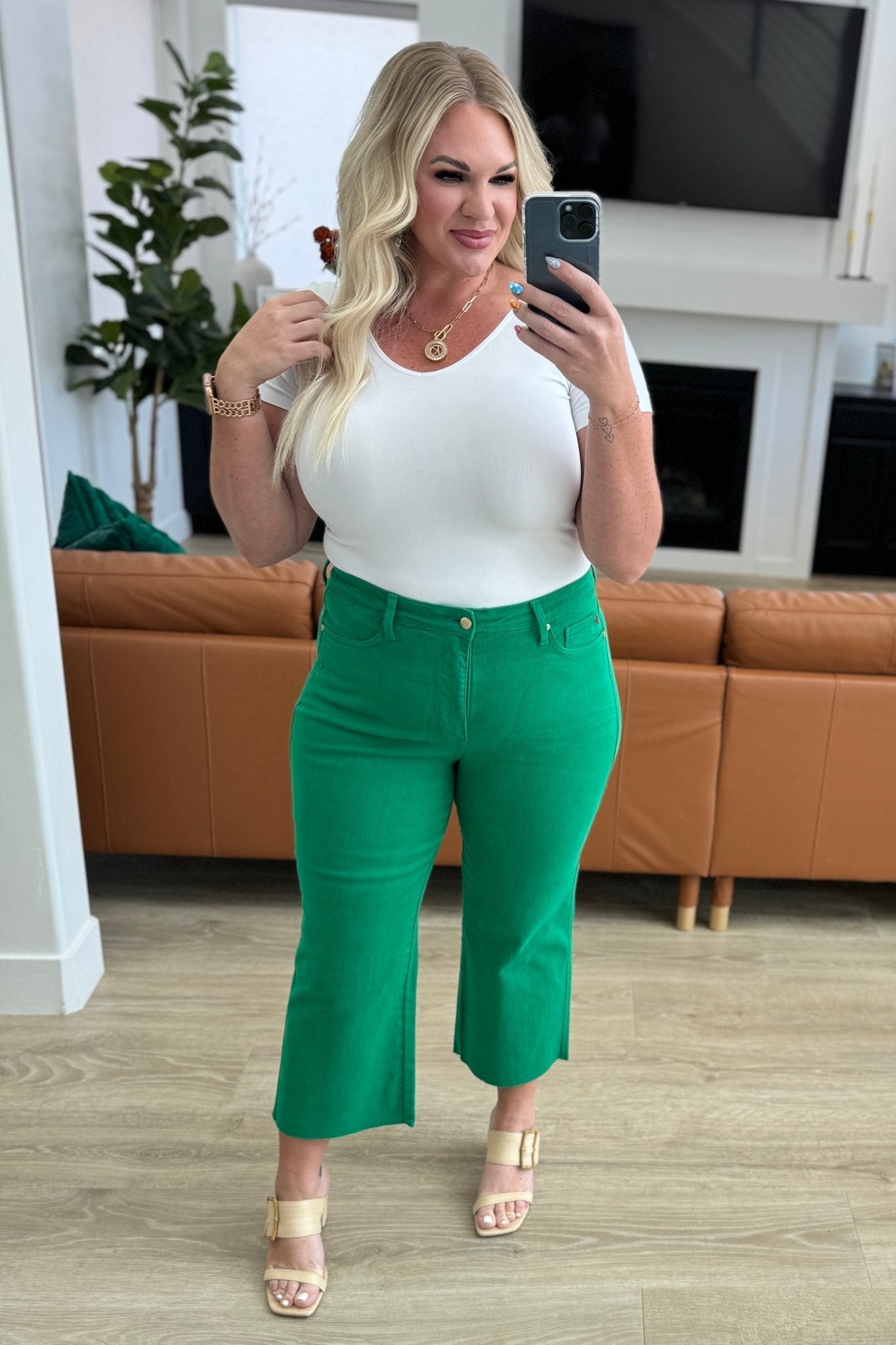 Lisa High Rise Control Top Wide Leg Crop Jeans in Kelly Green - Loving God