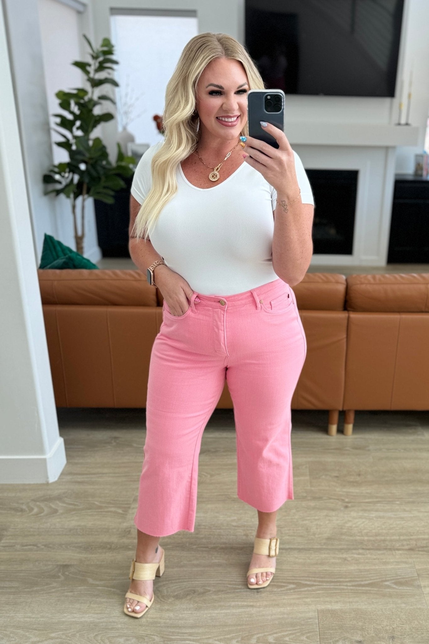 Lisa High Rise Control Top Wide Leg Crop Jeans in Pink - Loving God