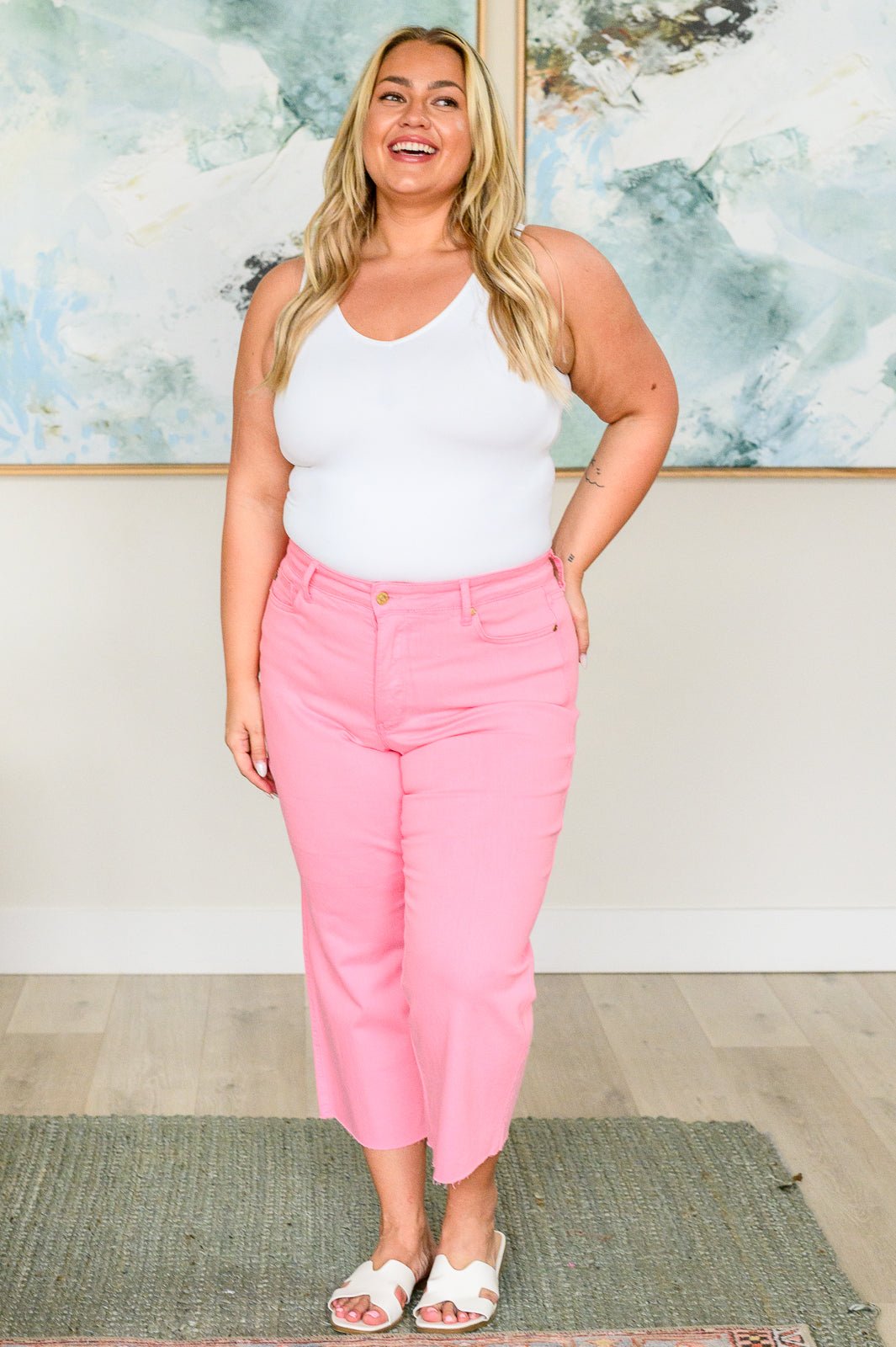 Lisa High Rise Control Top Wide Leg Crop Jeans in Pink - Loving God
