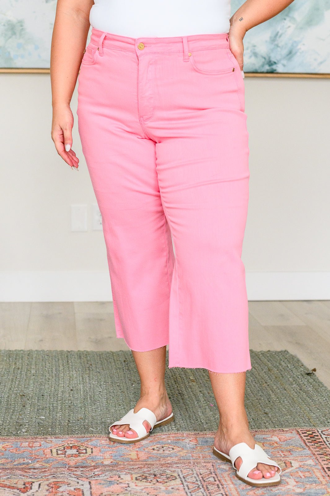 Lisa High Rise Control Top Wide Leg Crop Jeans in Pink - Loving God